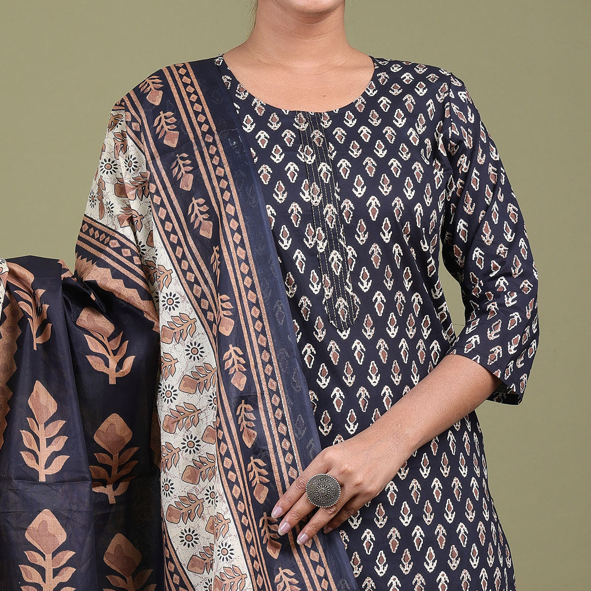 Navy Blue Floral Printed Pure Cotton Suit