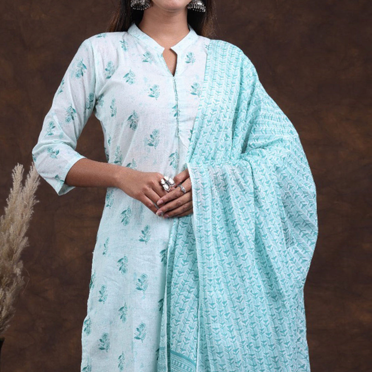 White-Rama Blue Jaipuri Printed Pure Cotton Suit