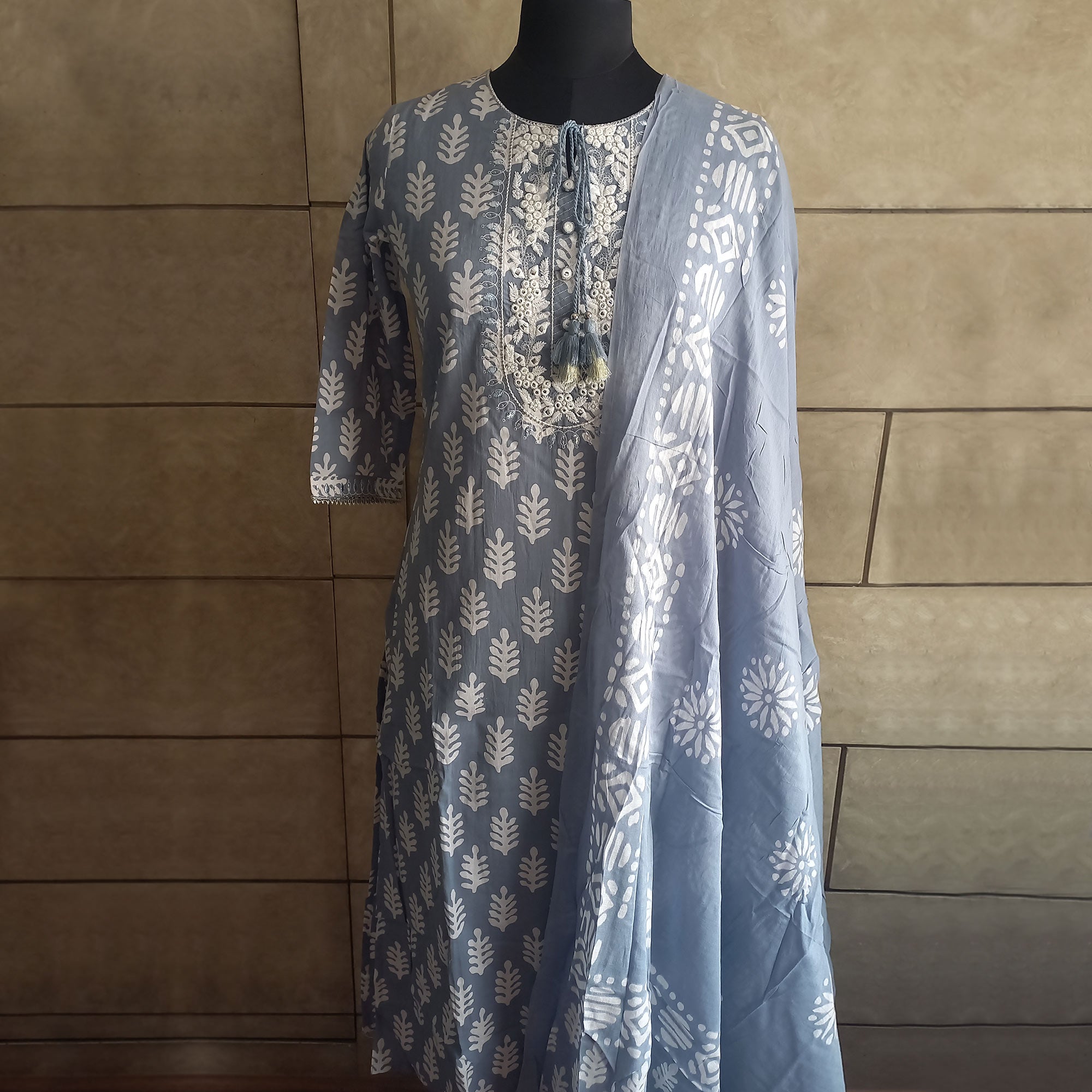 Grey Printed Pure Cotton Kurti Pant Set With Dupatta