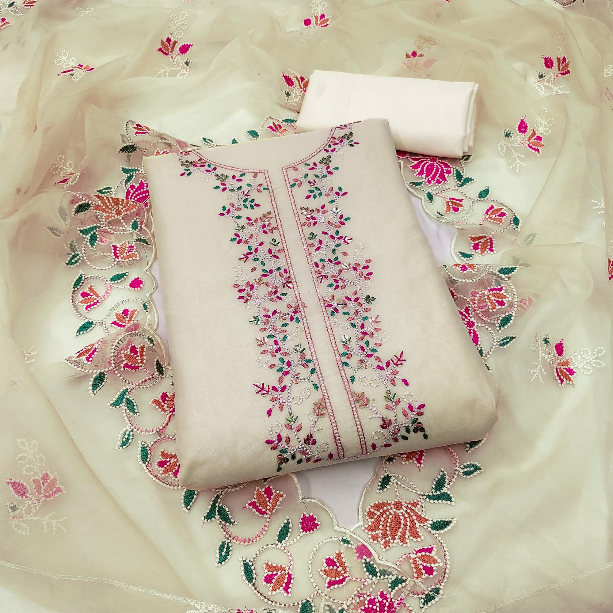 Cream Floral Embroidered Chanderi Dress Material