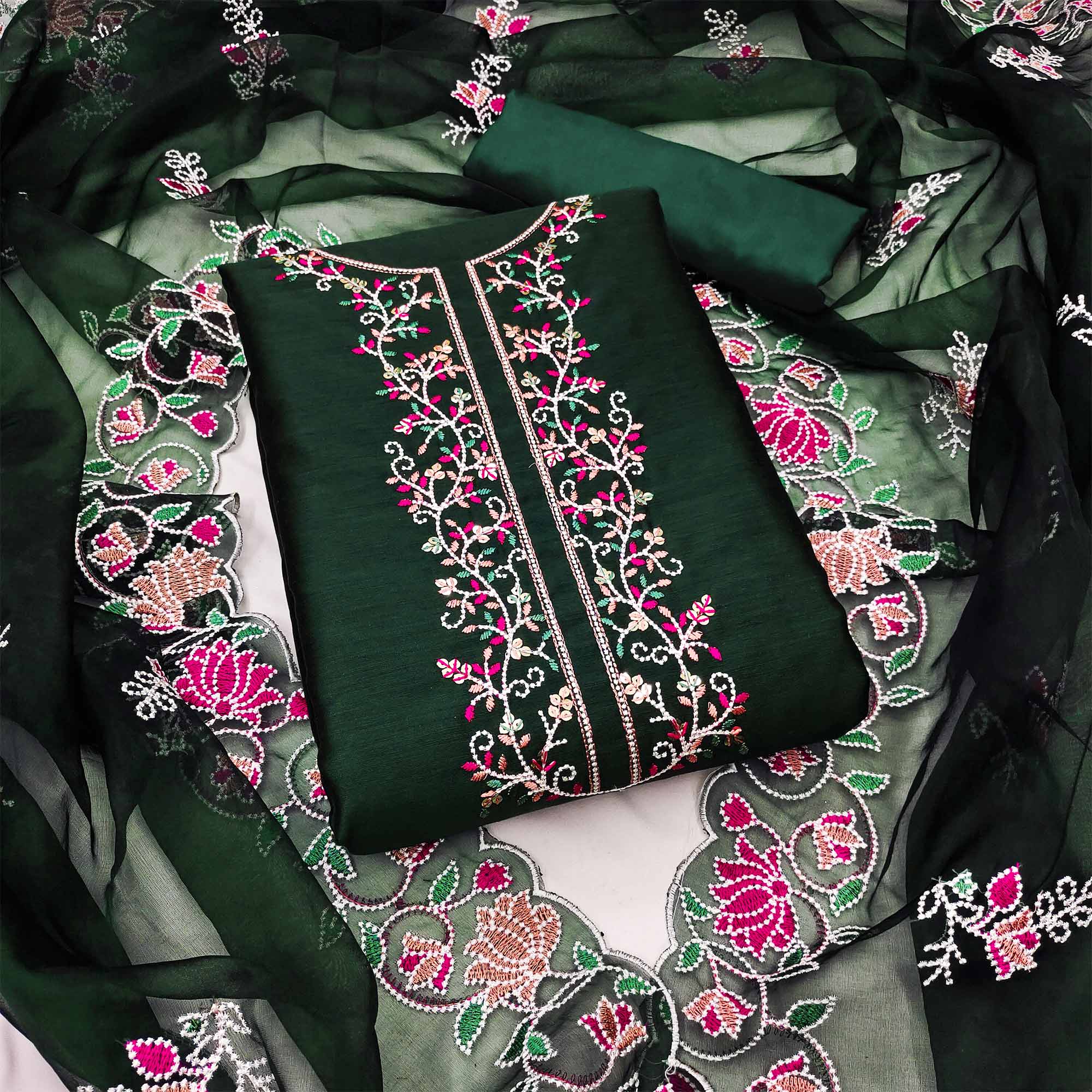 Green Floral Embroidered Chanderi Dress Material