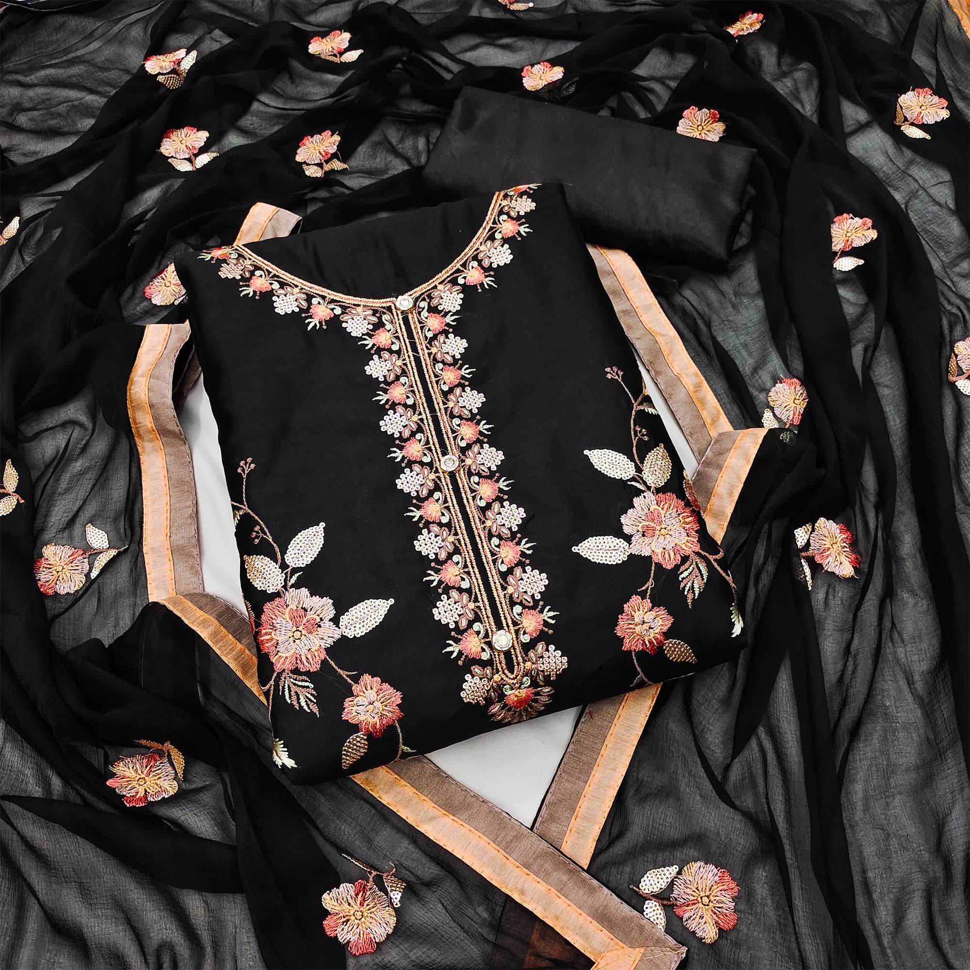 Black Floral Embroidered Chanderi Dress Material