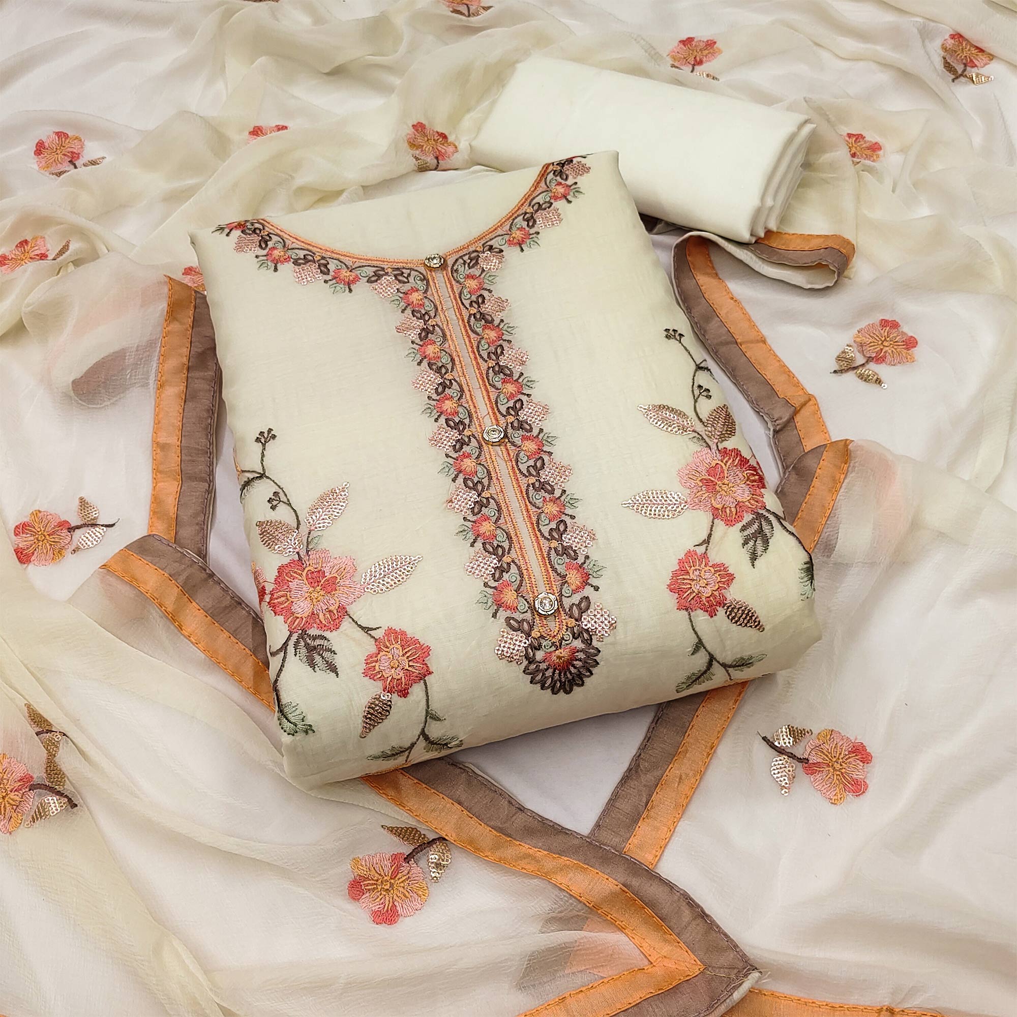 Cream Floral Embroidered Chanderi Dress Material