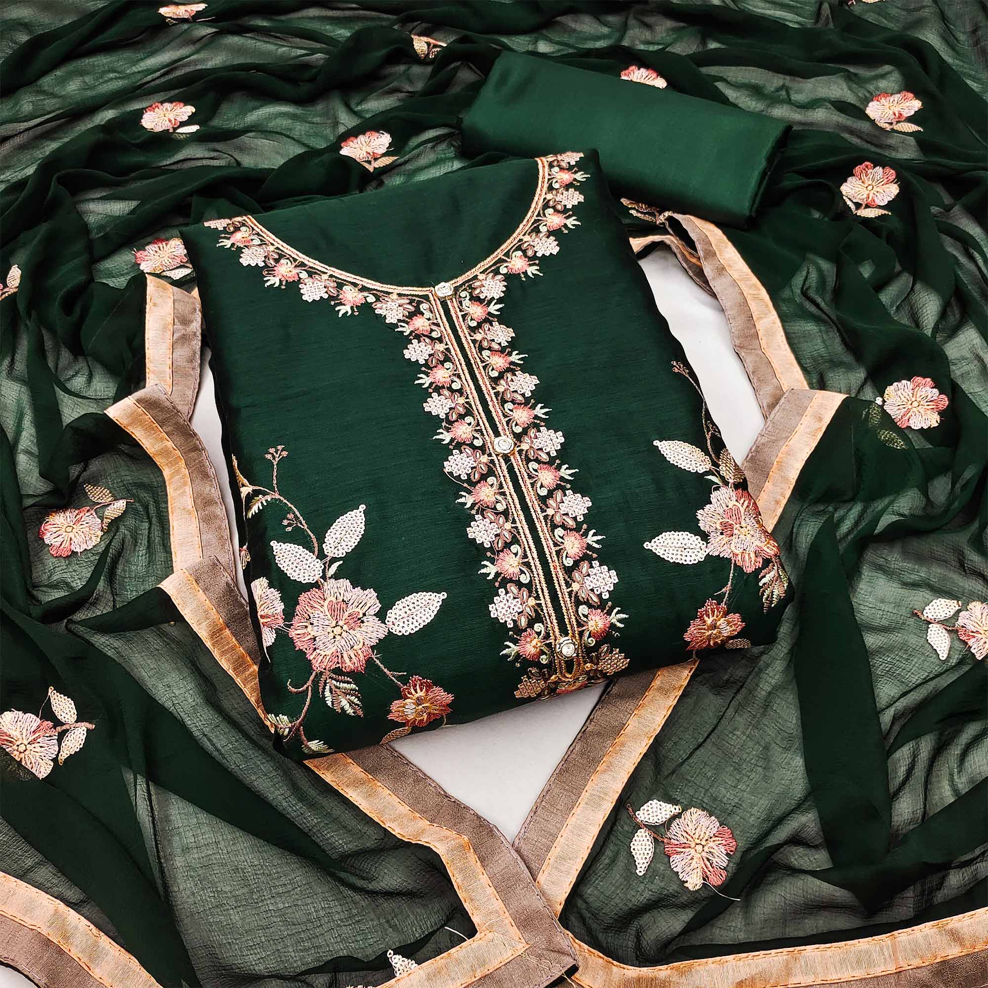 Green Floral Embroidered Chanderi Dress Material