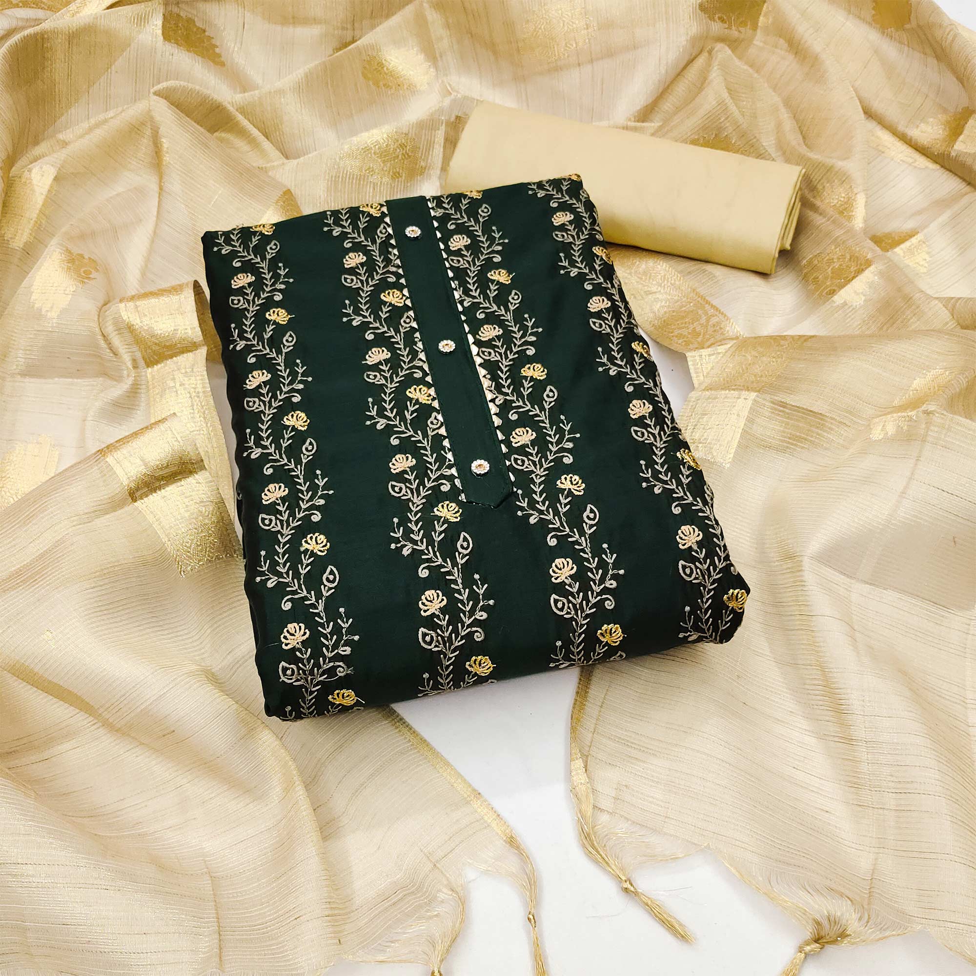Green Floral Embroidered Chanderi Dress Material