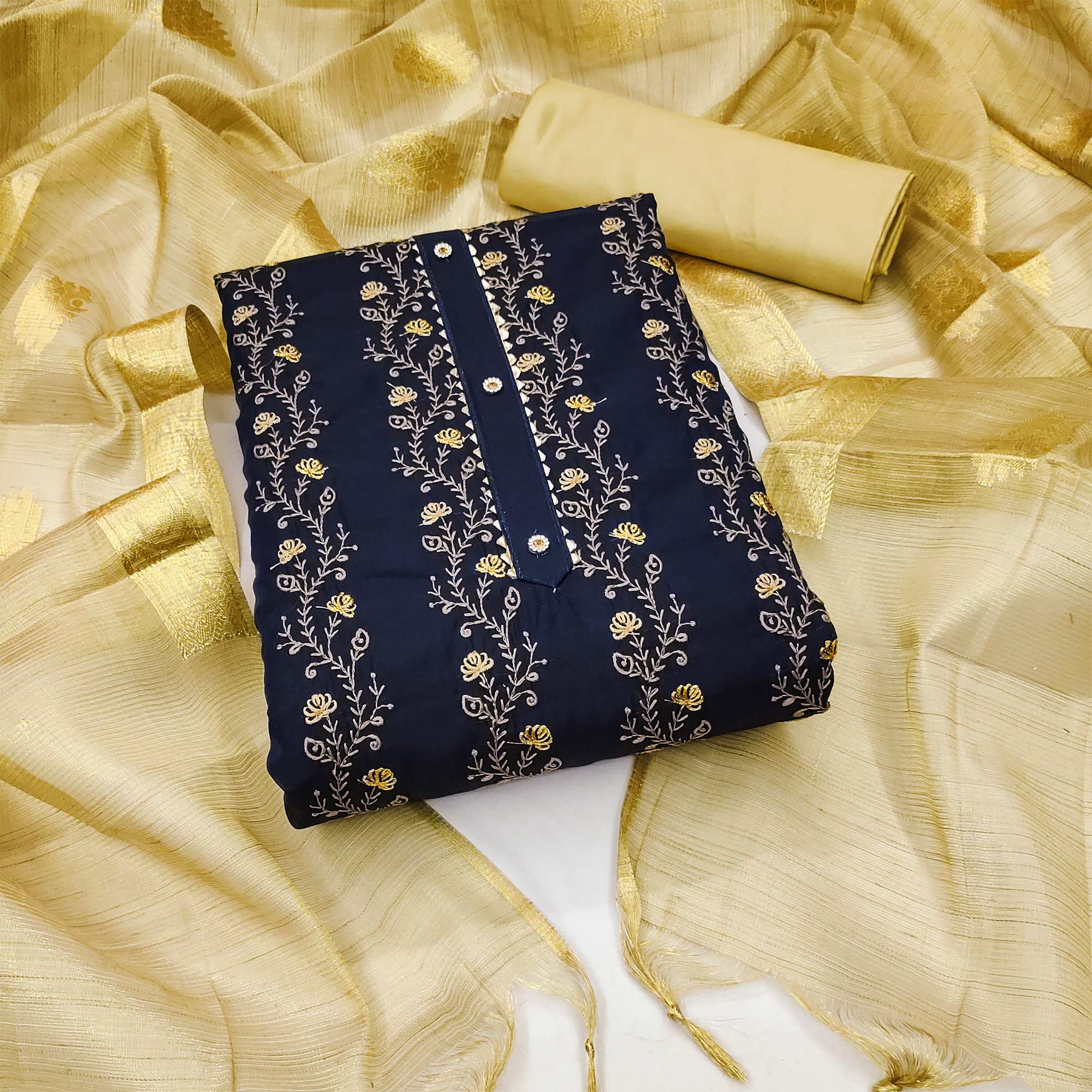 Navy Blue Floral Embroidered Chanderi Dress Material