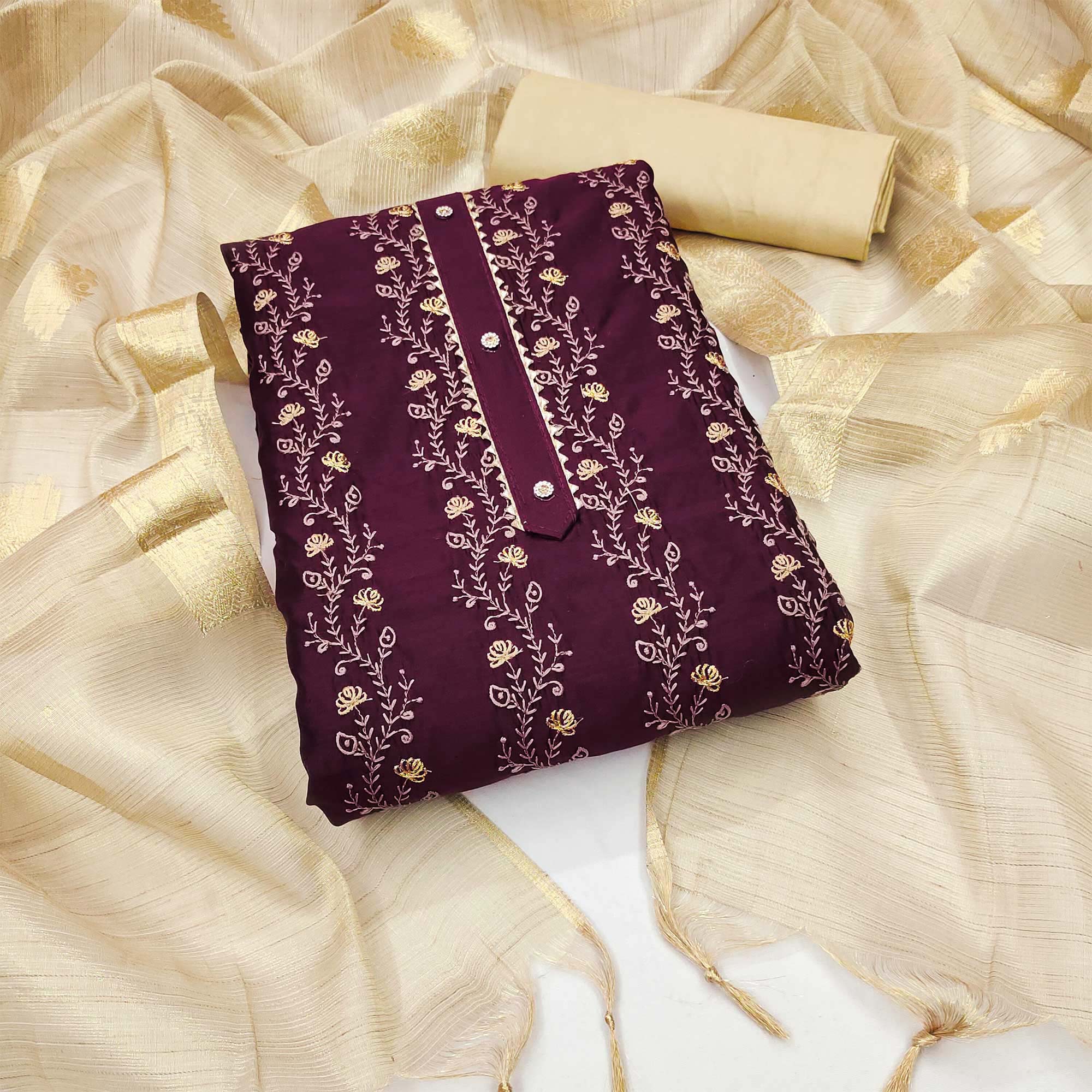 Wine Floral Embroidered Chanderi Dress Material