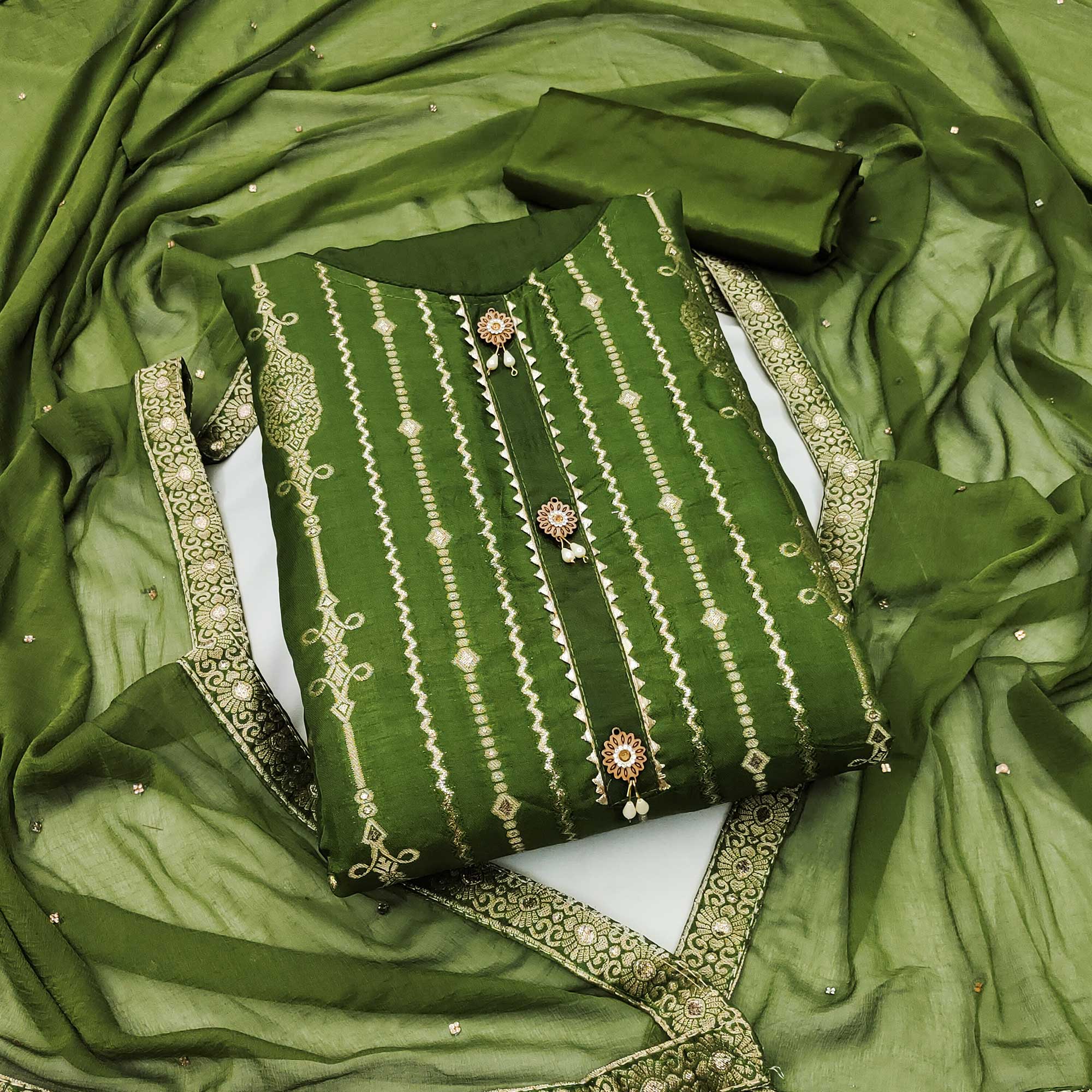 Green Woven Jacquard Dress Material