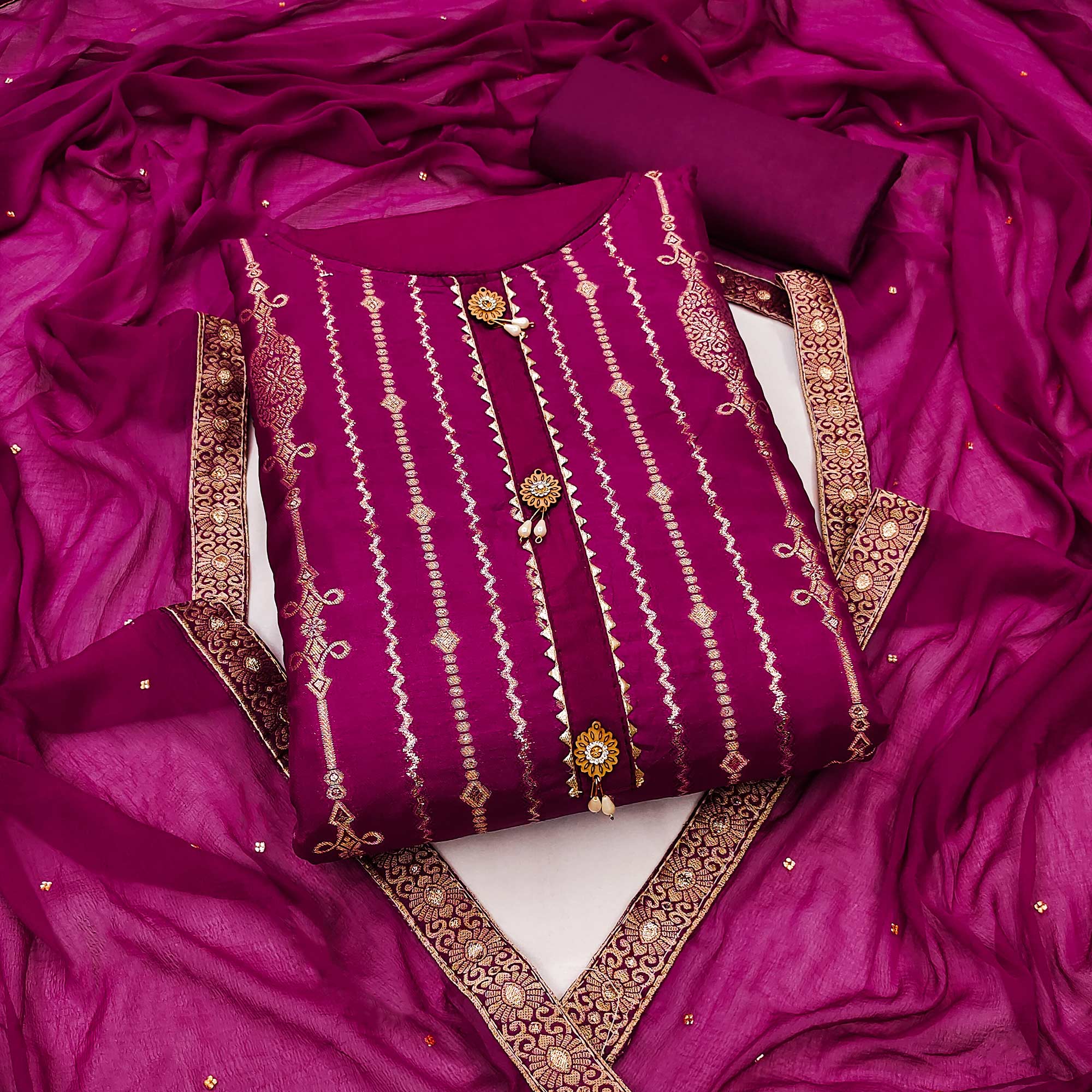 Rani Pink Woven Jacquard Dress Material