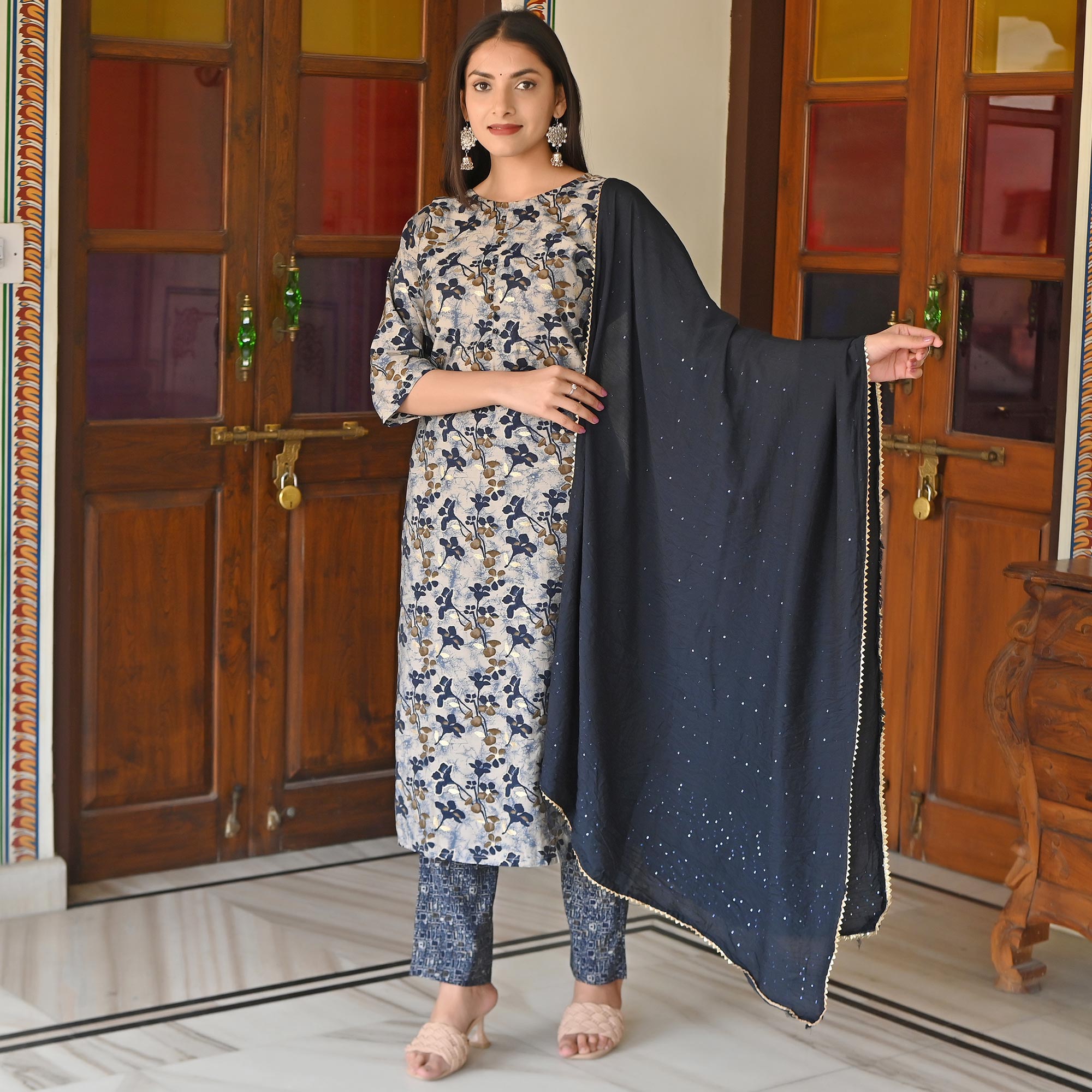 Blue Printed Chanderi Salwar Suit
