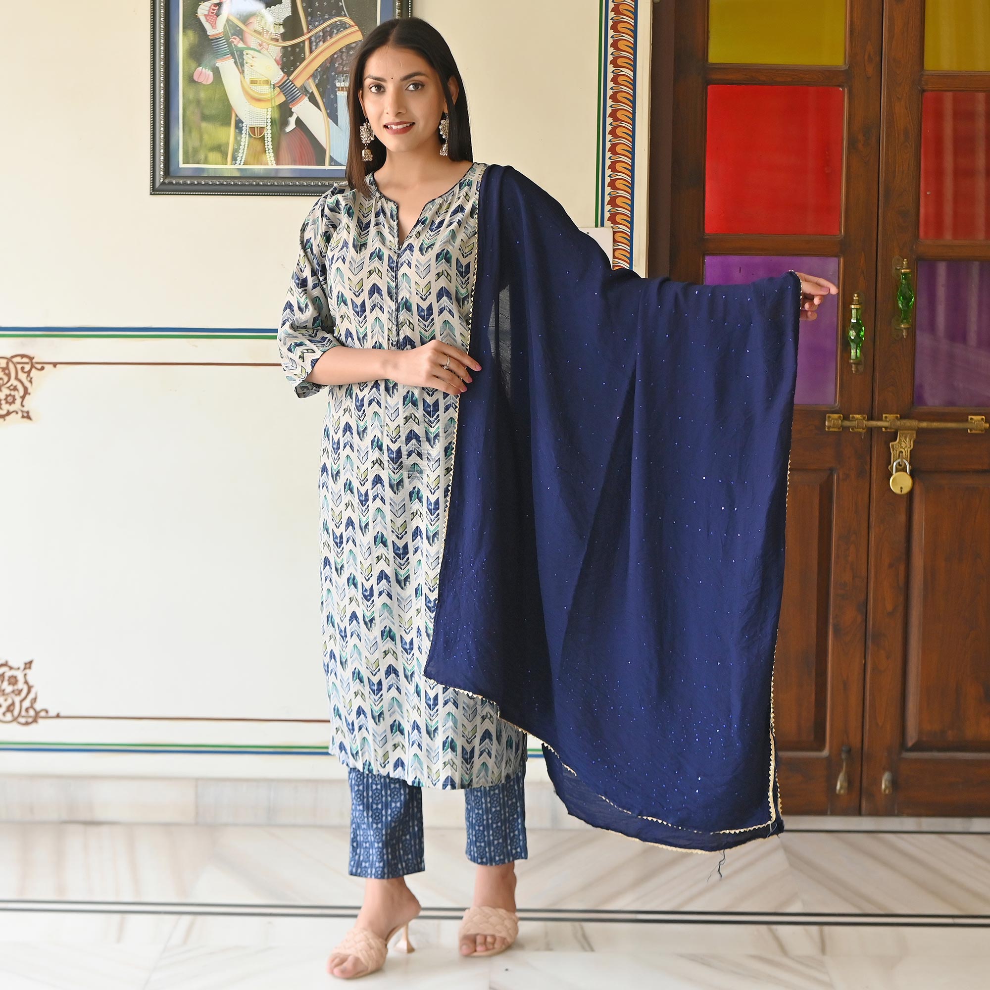 Blue Printed Chanderi Salwar Suit