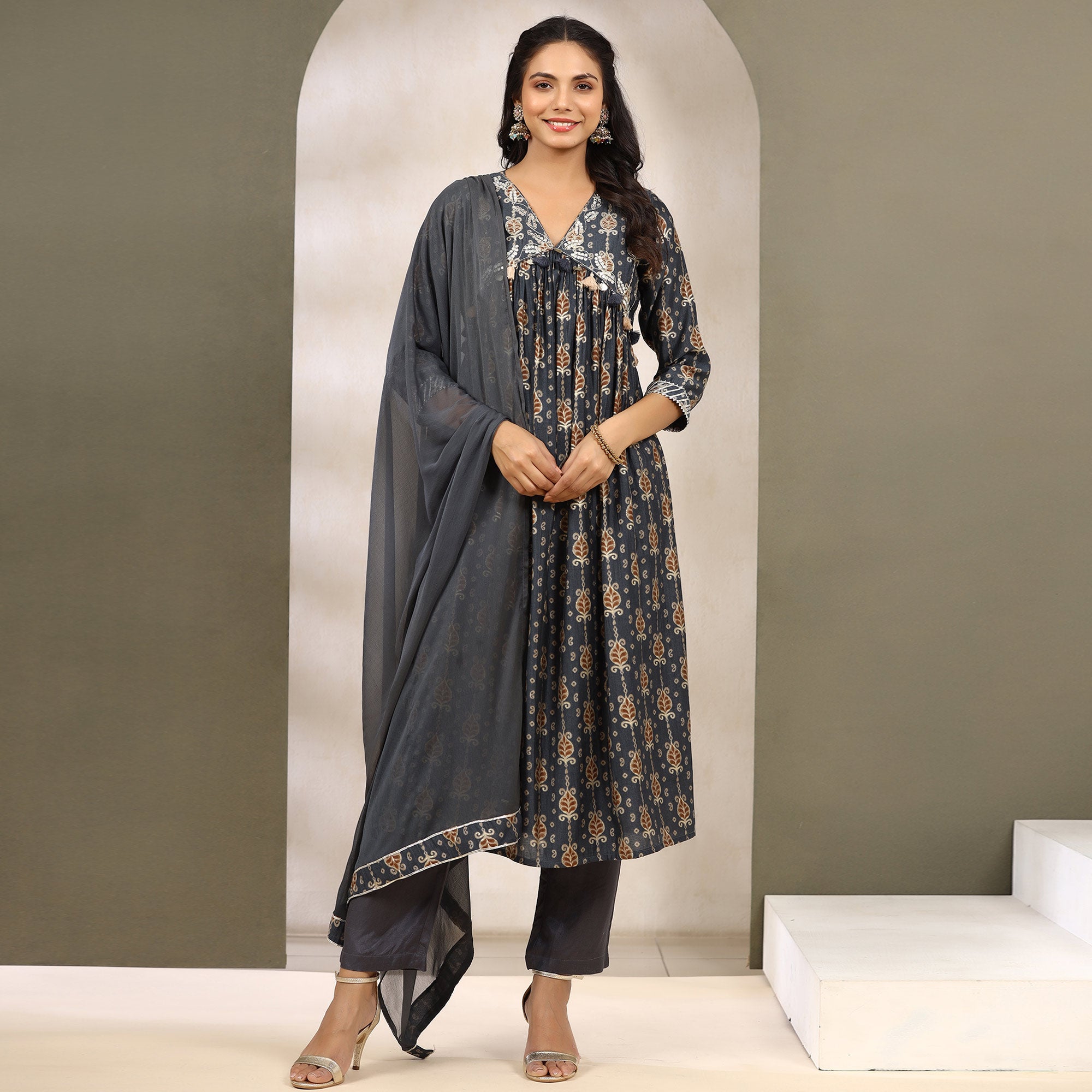 Grey Jaipuri Printed Muslin Naira Cut Suit