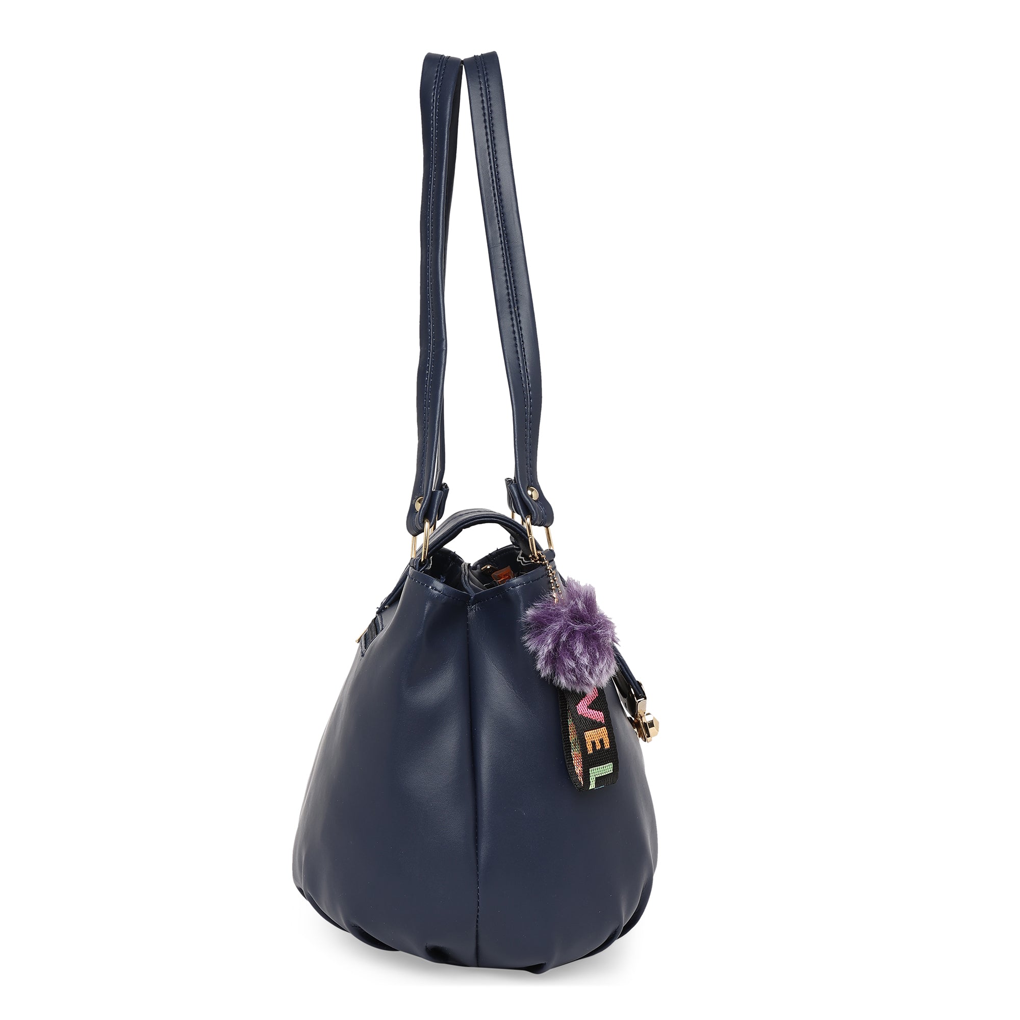 Navy Blue Women Vegan Leather Handbag With Belt
