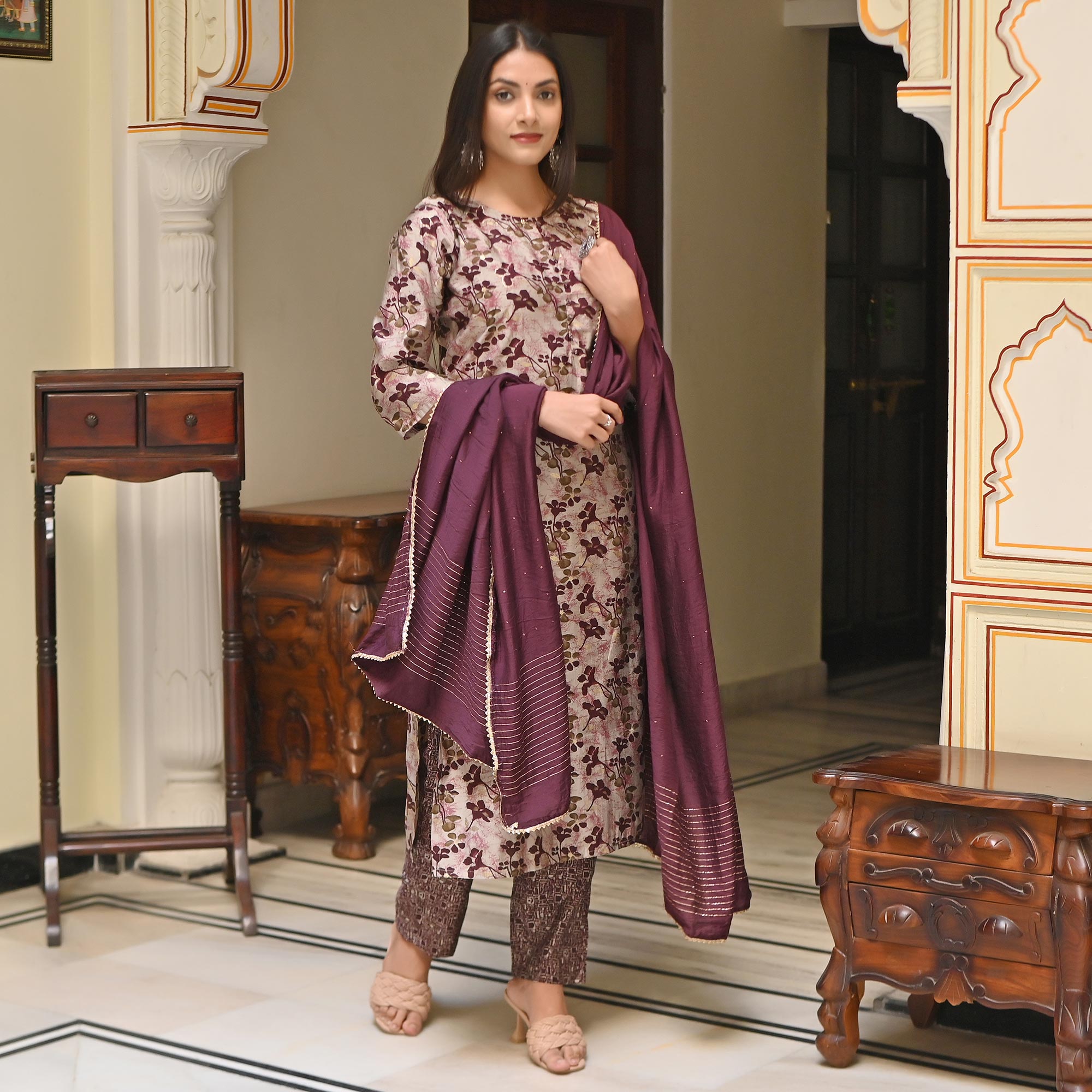 Purple Printed Chanderi Salwar Suit