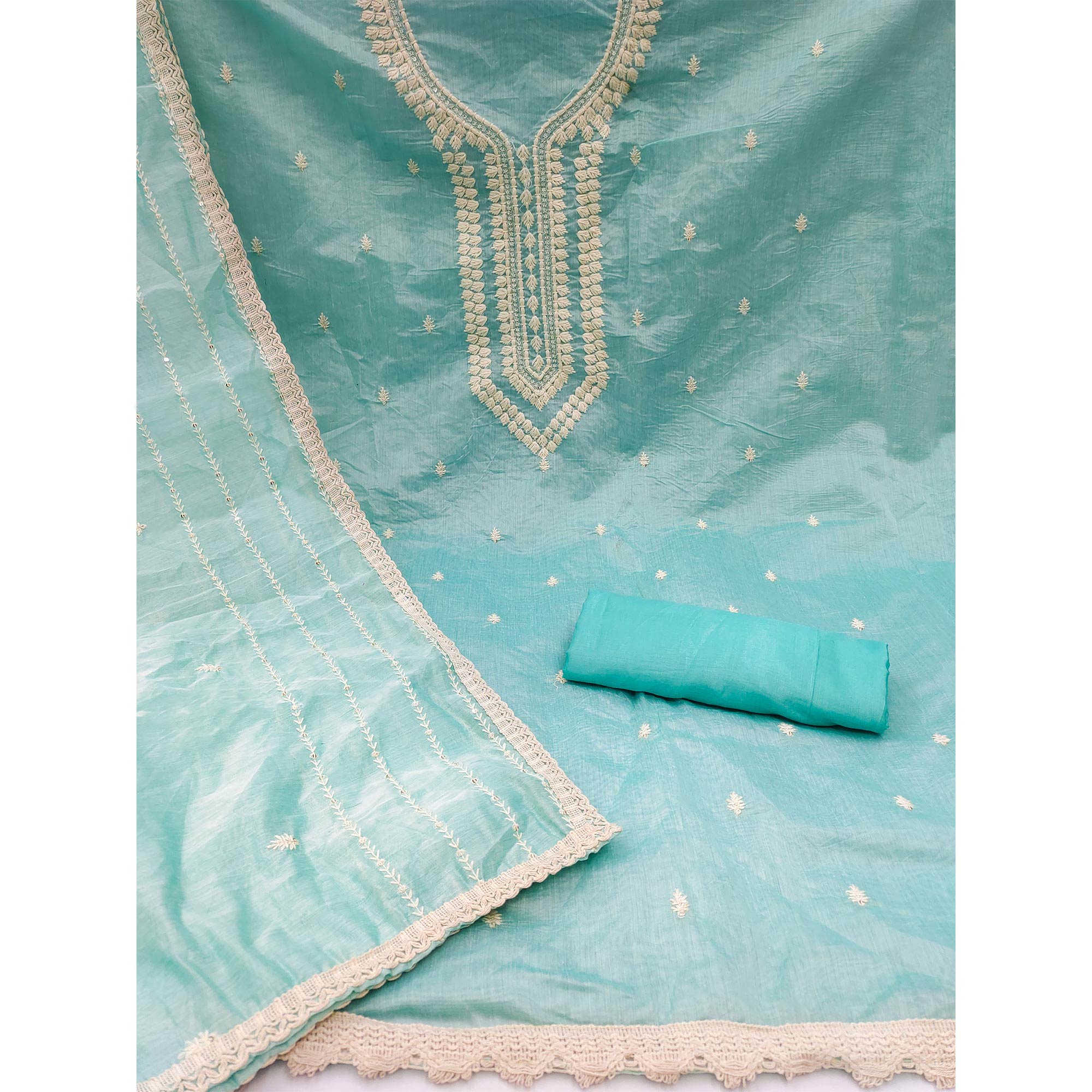 Light Blue Embroidered Chanderi Dress Material