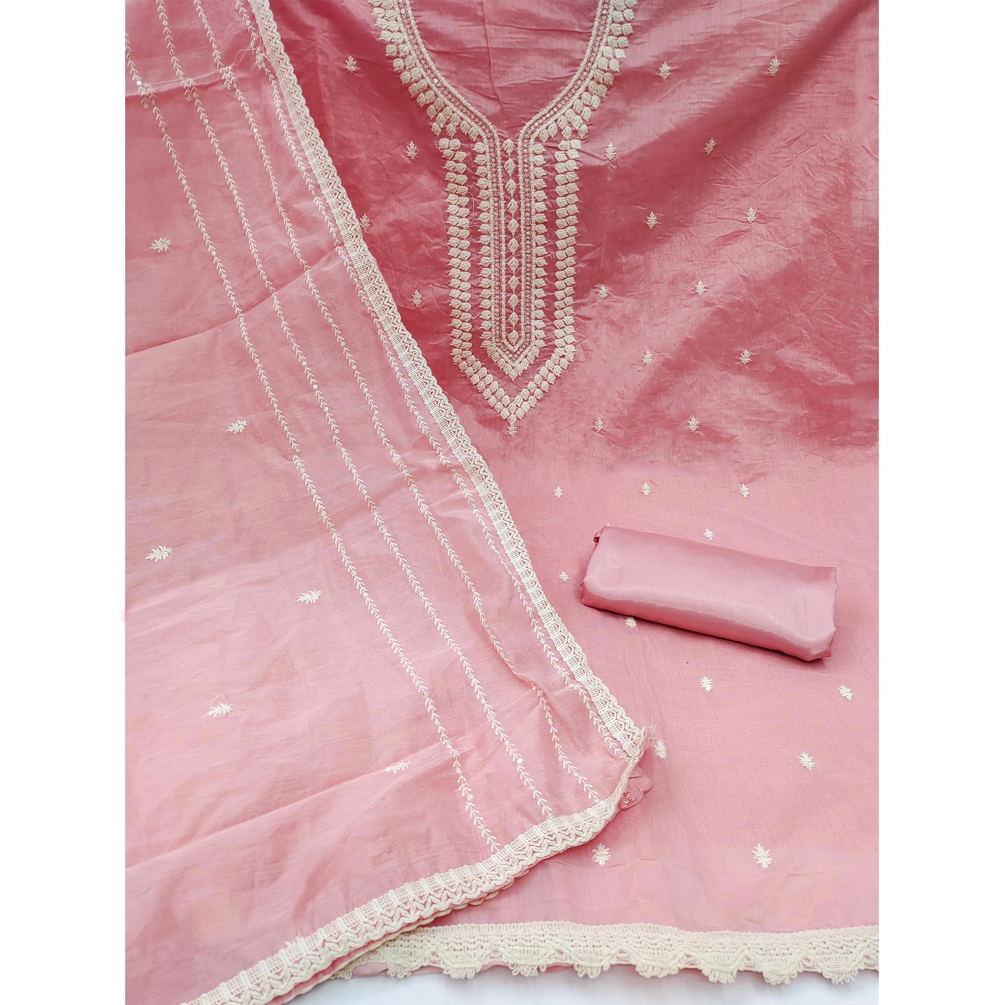Baby Pink Embroidered Chanderi Dress Material