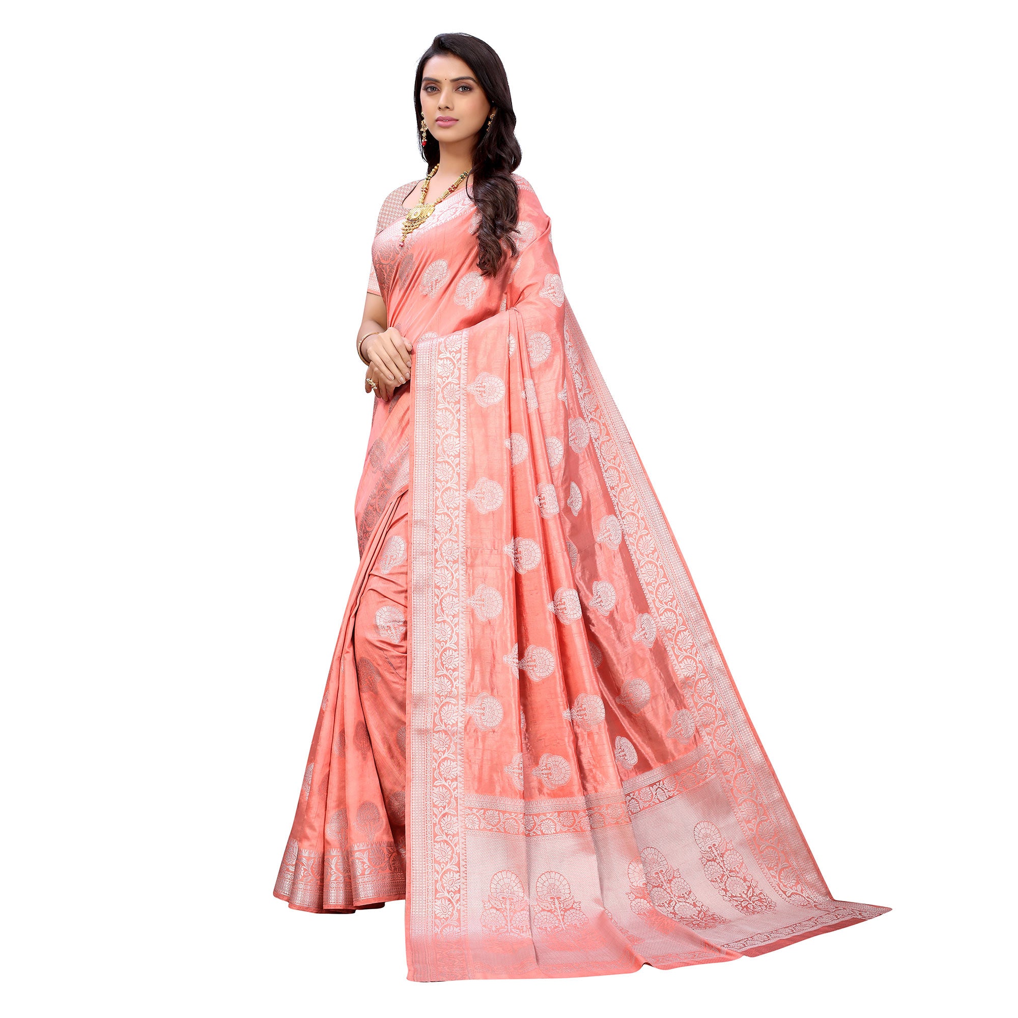 Peach Festive Wear Woven Art Silk Saree
