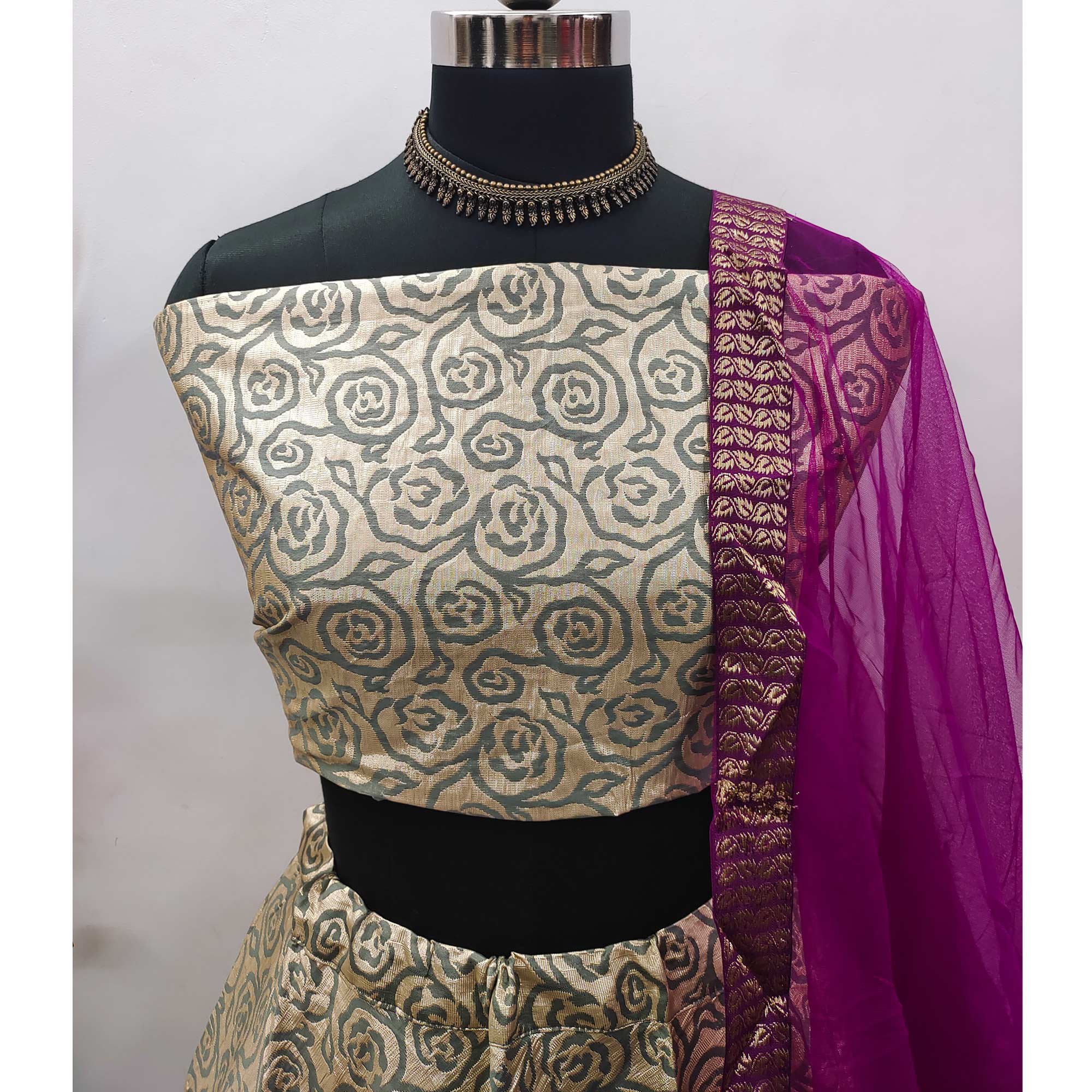 Beige Woven Jacquard Silk Lehenga Choli