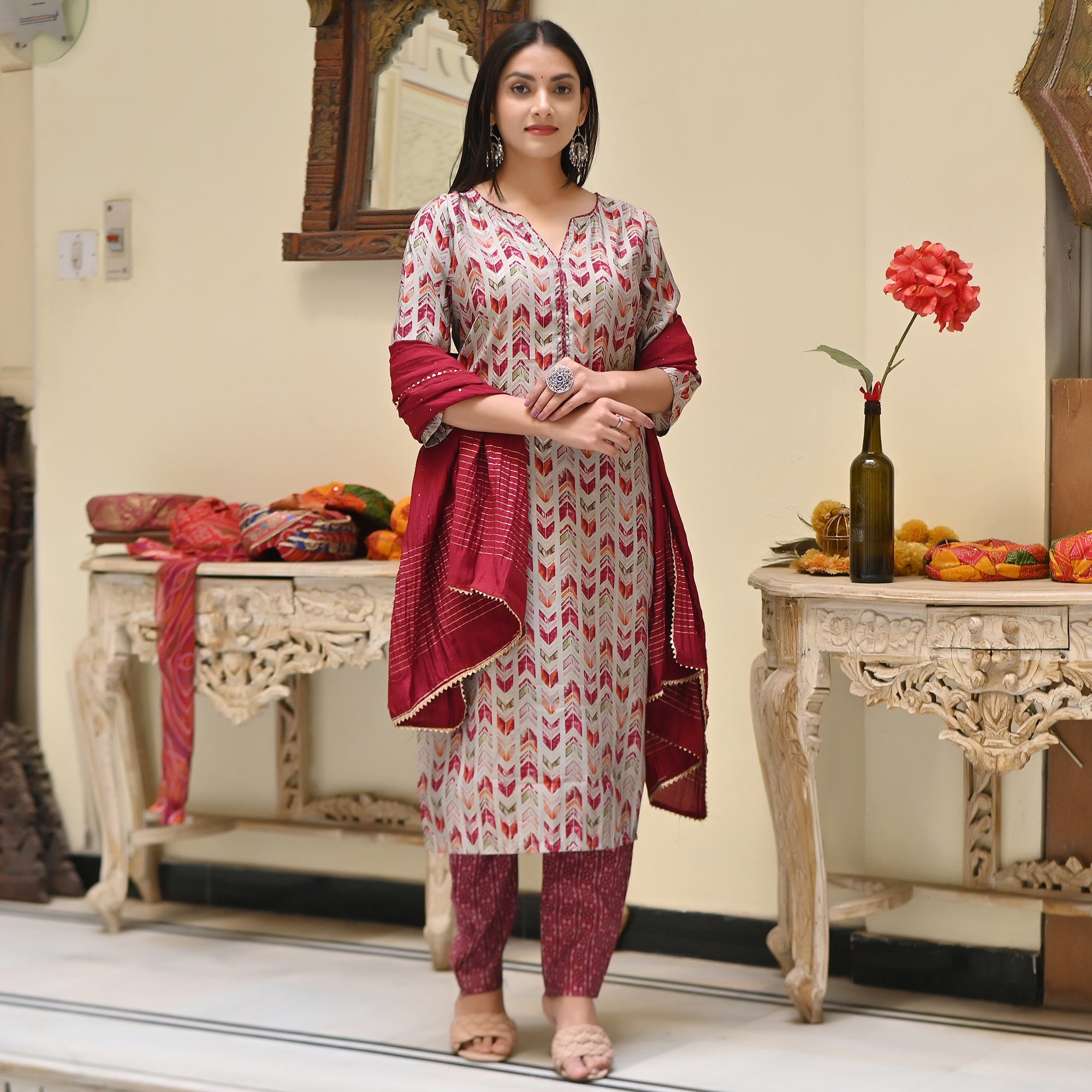 Off White & Maroon Printed Chanderi Salwar Suit