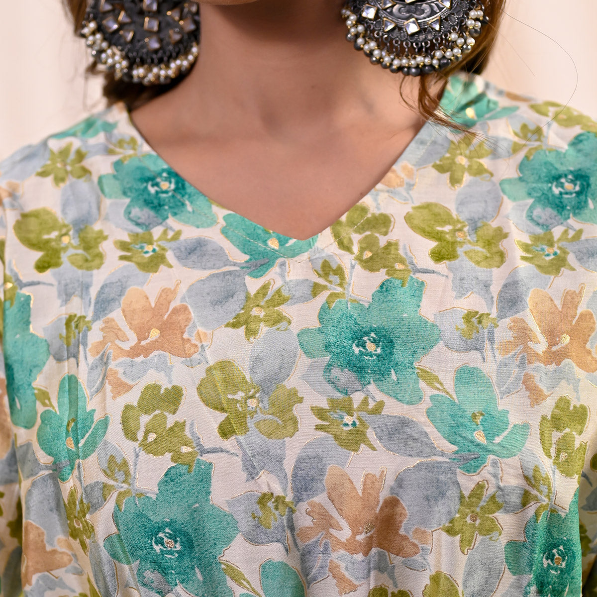 Green Floral Foil Printed Chanderi Top Bottom Set With Belt