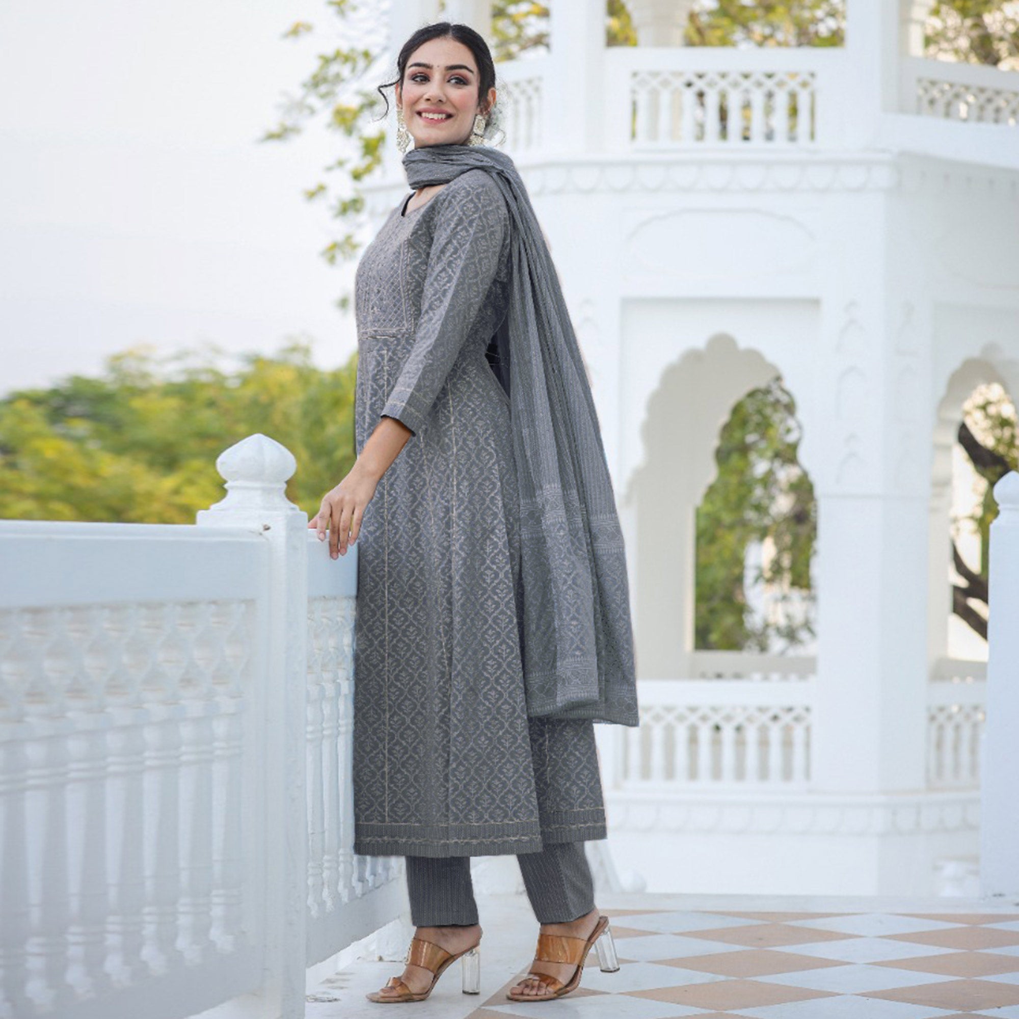 Grey Jaipuri Print With Gota Work Pure Cotton Anarkali Suit