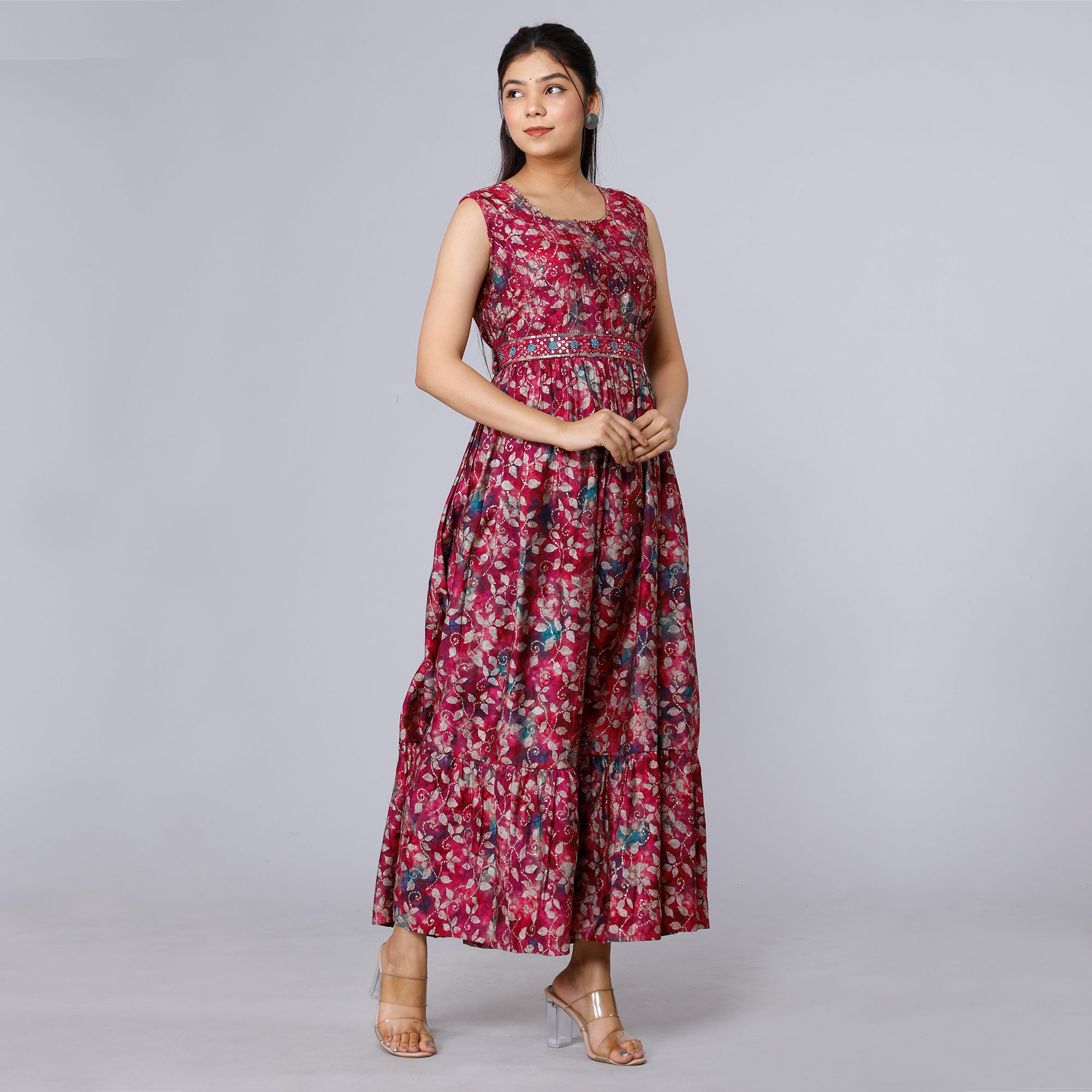 Pink Floral Printed Muslin Gown