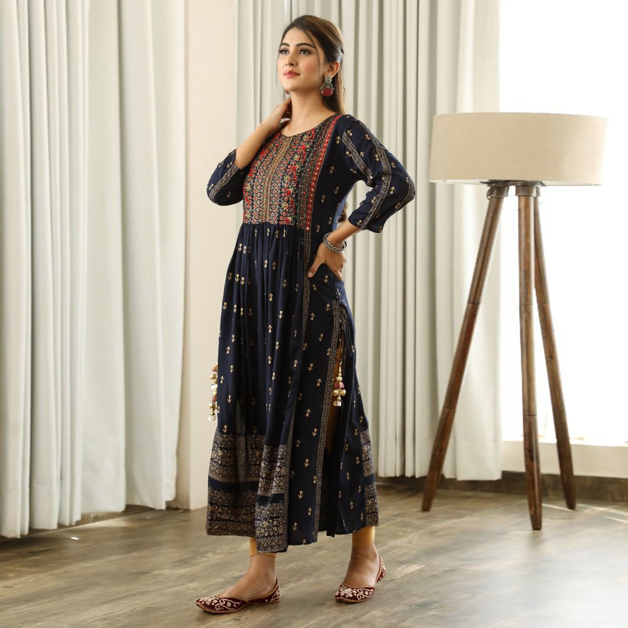 Black Printed With Embroidered Rayon Nair Cut Kurti