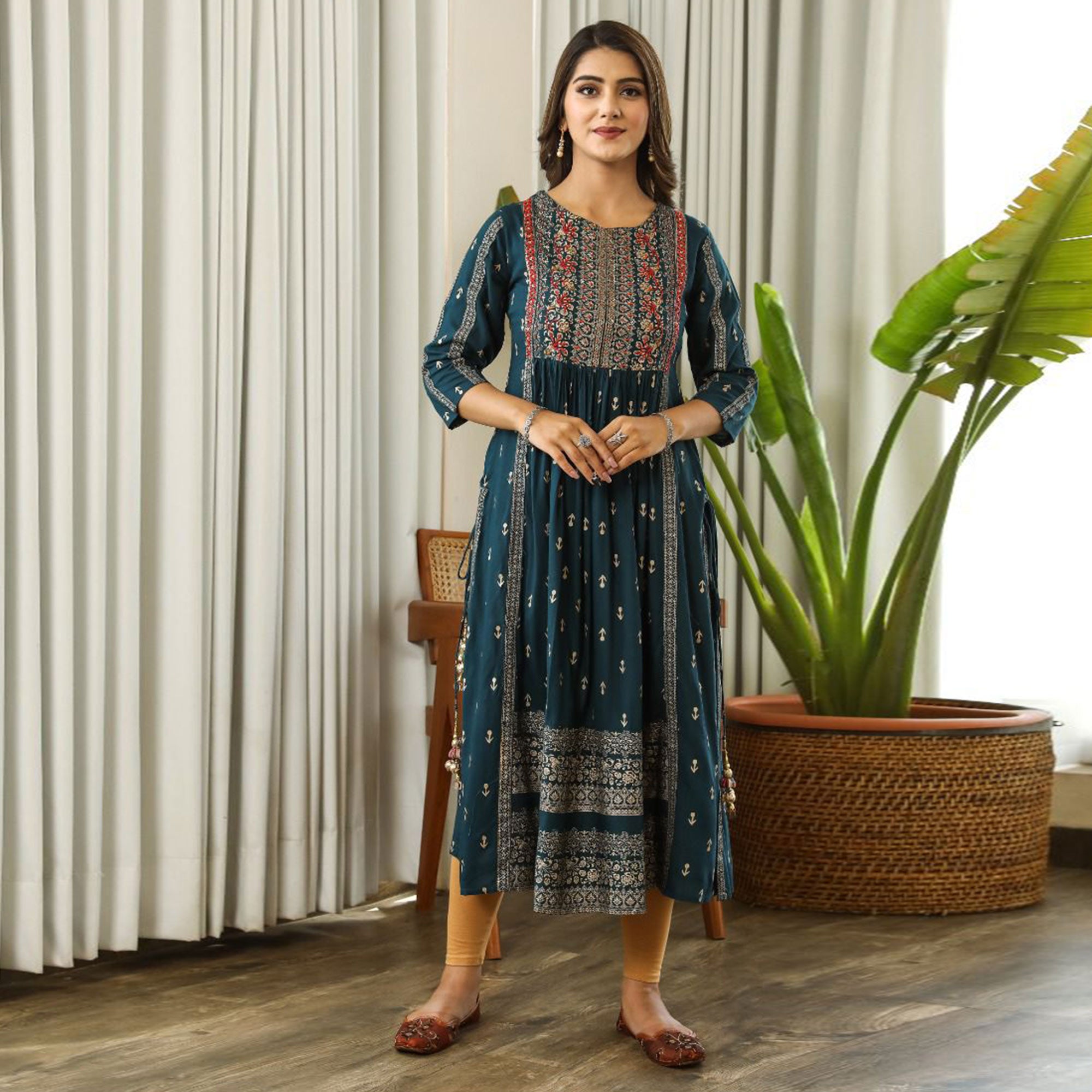 Rama Green Printed With Embroidered Rayon Naira Cut Kurti