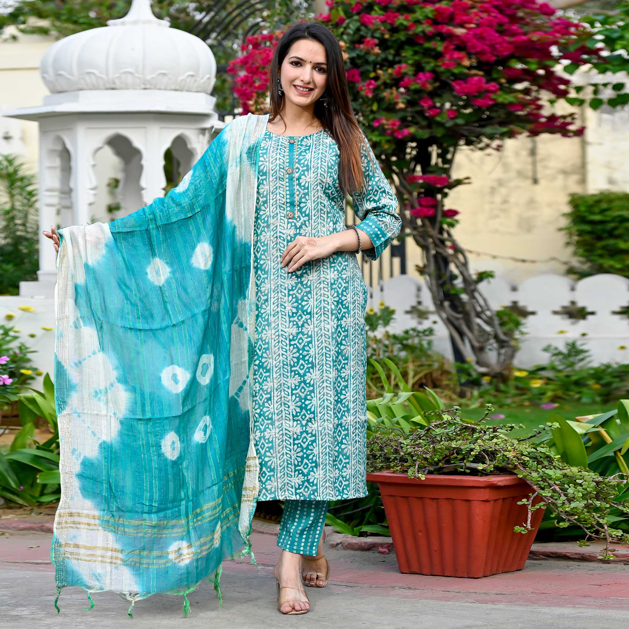 Rama Blue Floral Foil Printed Rayon Suit