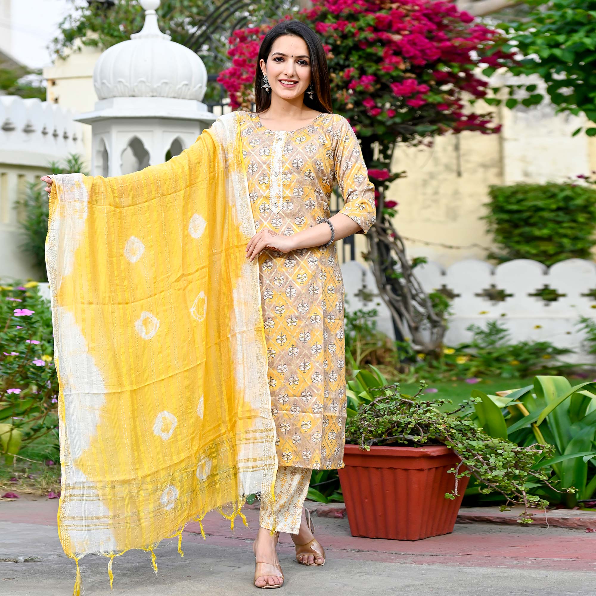 Yellow Floral Foil Printed Rayon Suit