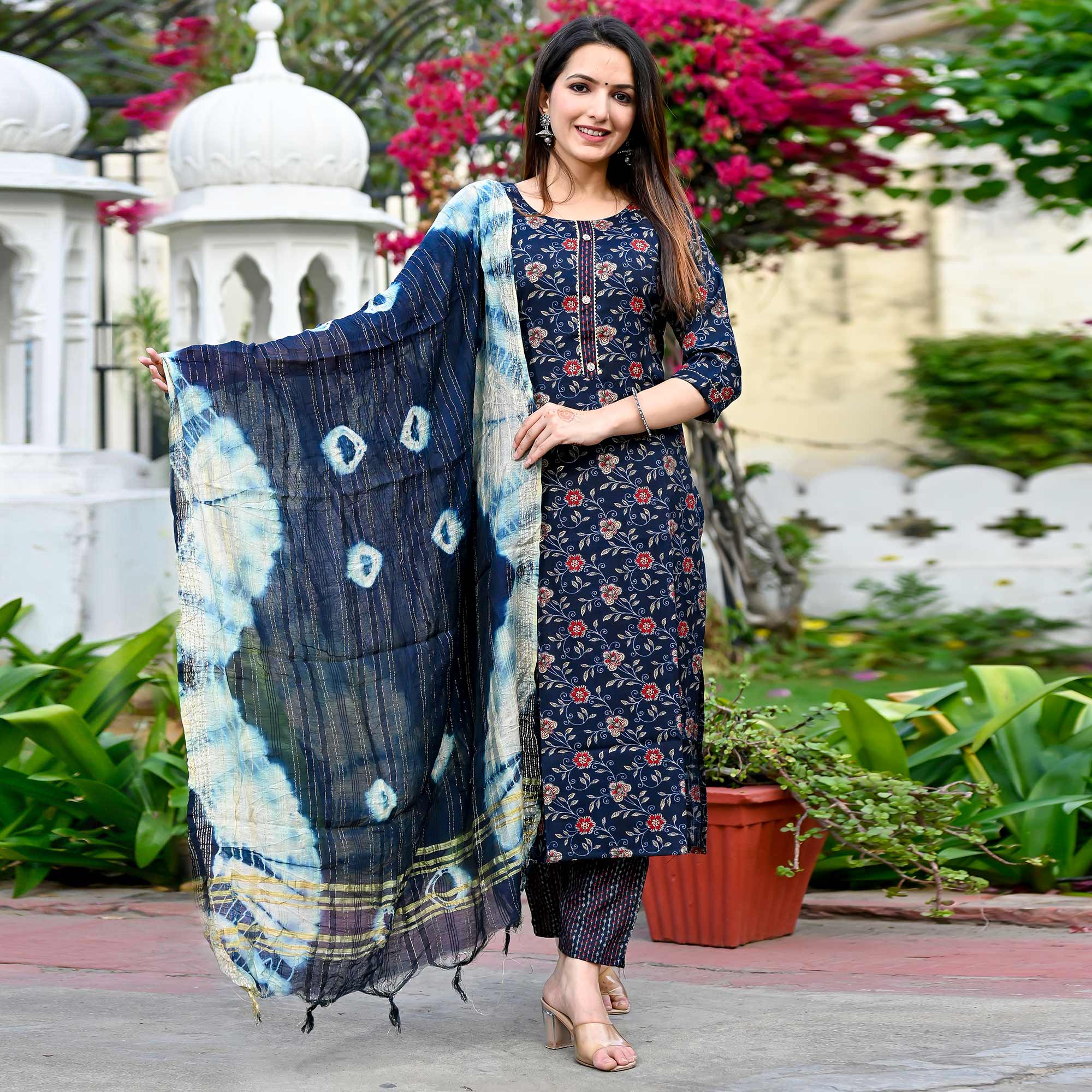 Navy Blue Floral Foil Printed Rayon Suit