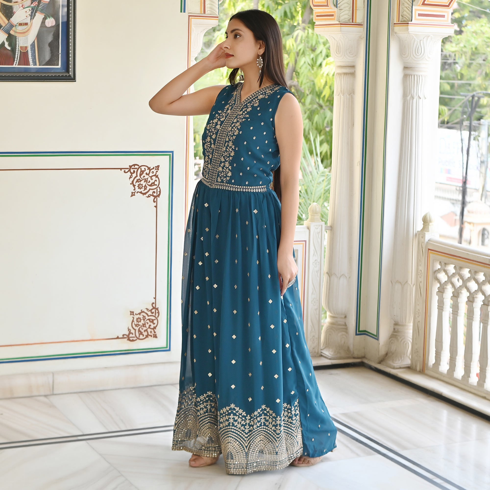 Blue Sequins Embroidered Georgette Jumpsuit