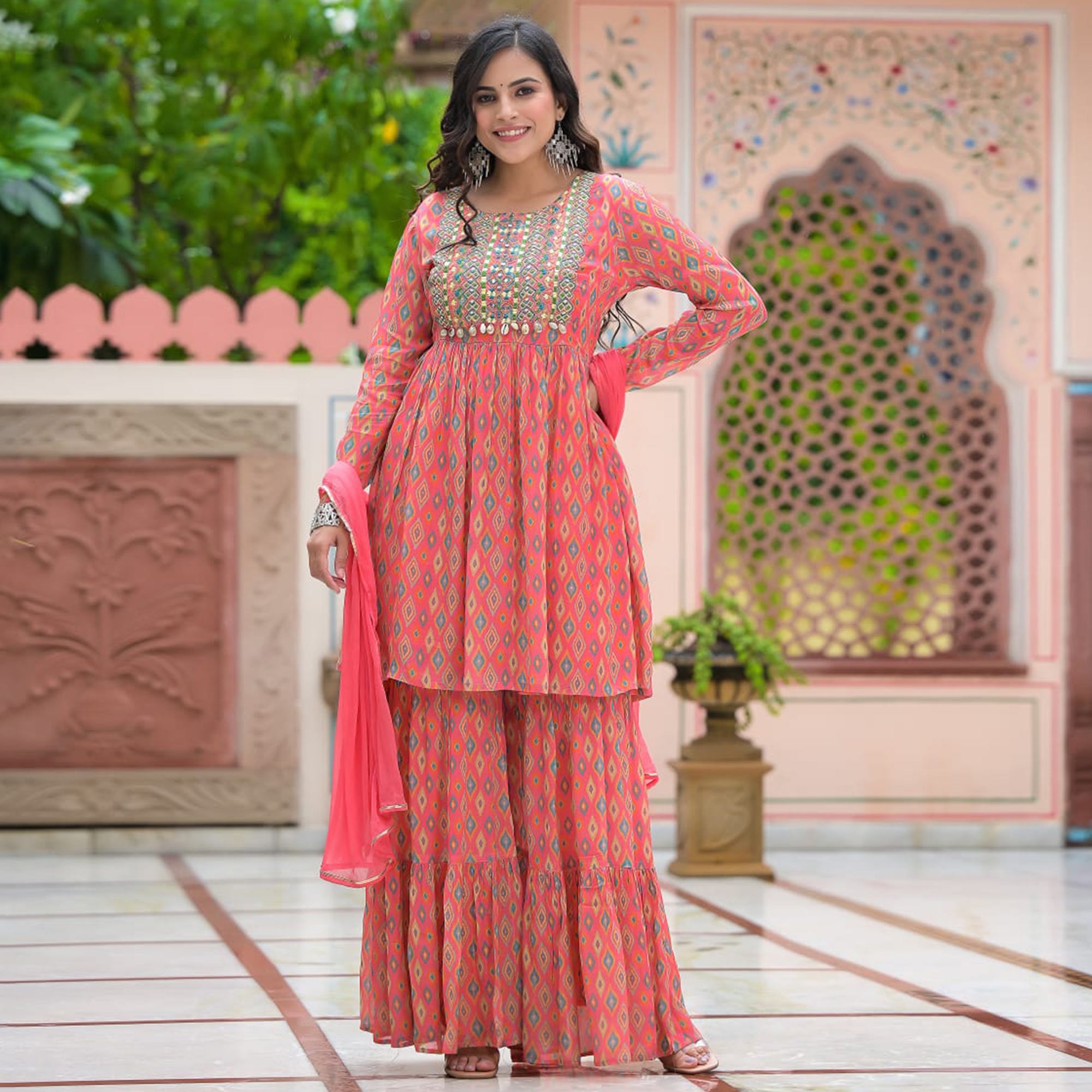 Pink Printed Chiffon Sharara Suit