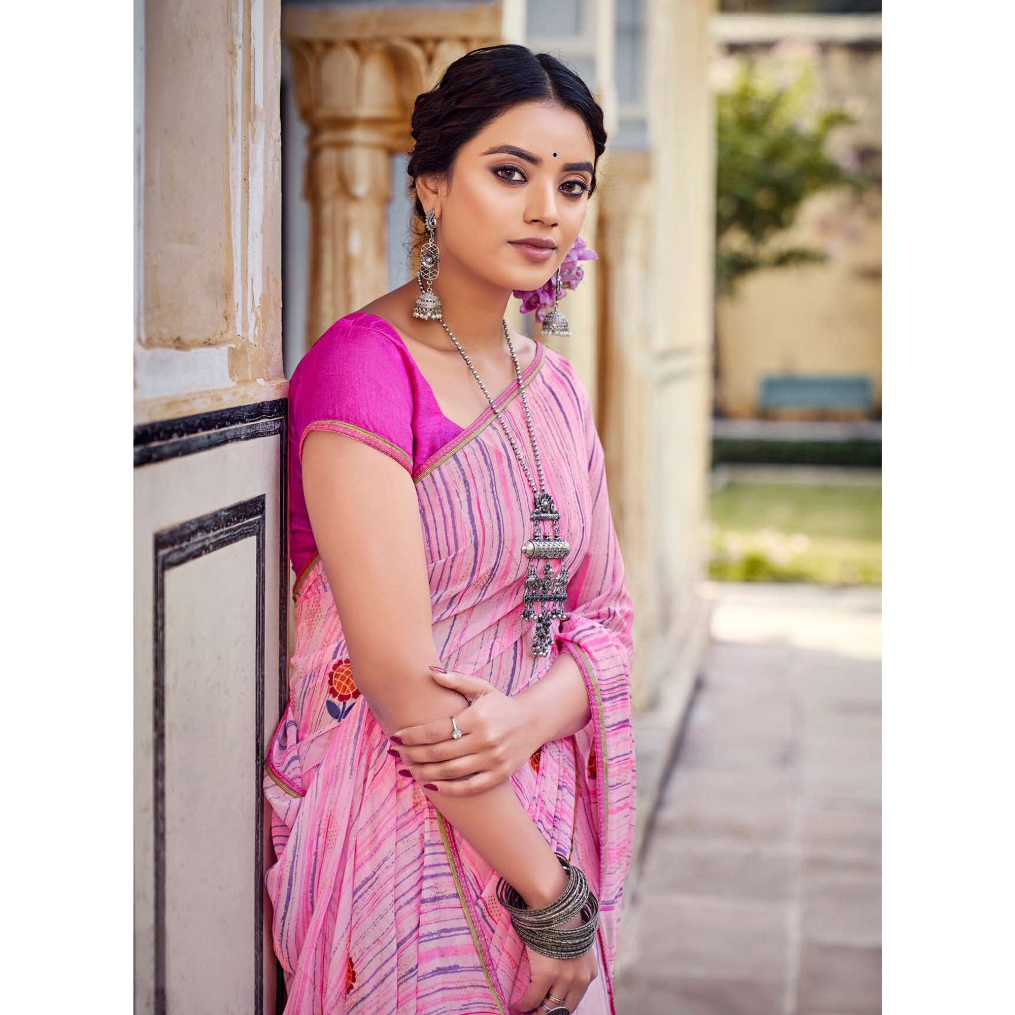 Pink Printed Raw Silk Saree With Fancy Border