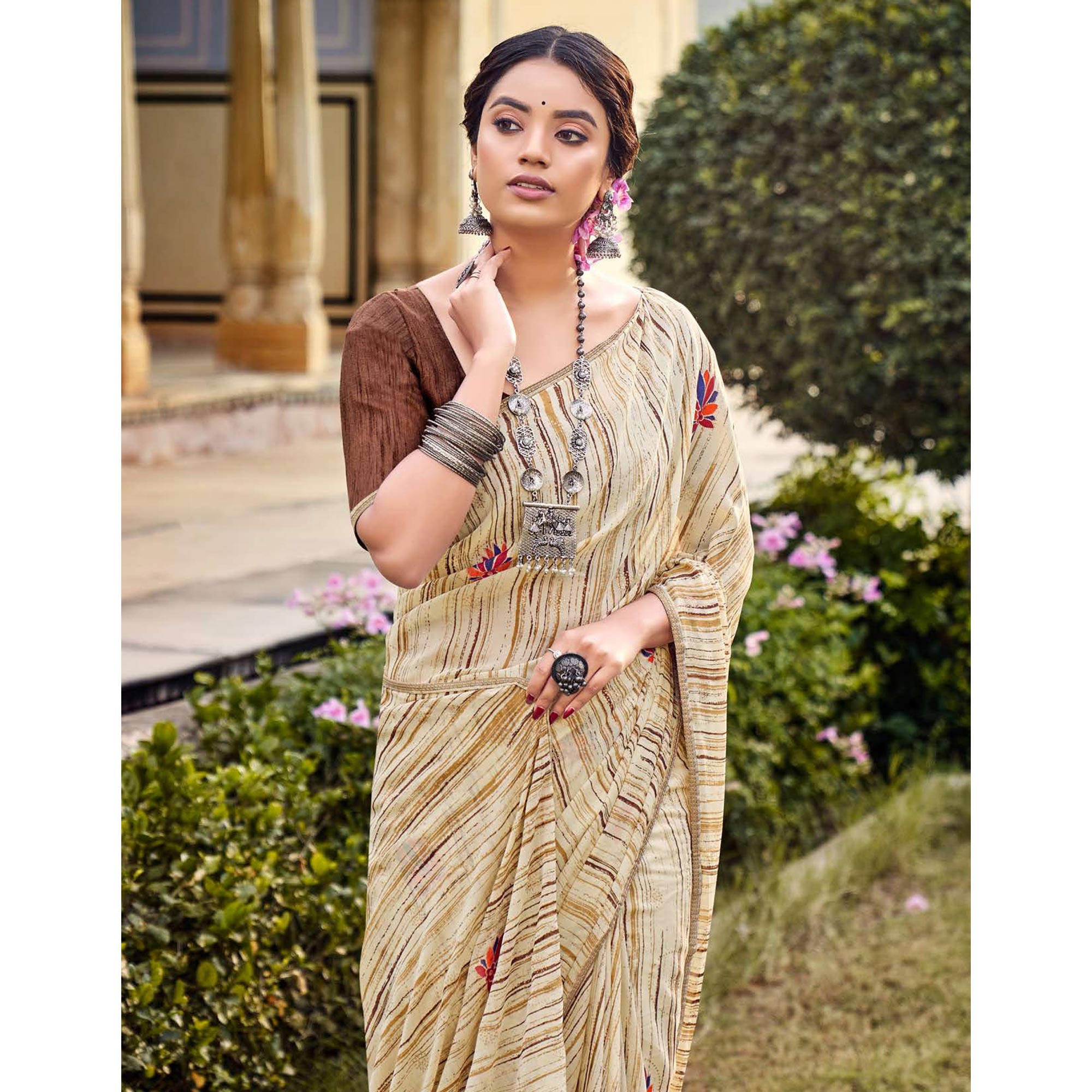 Coffee-Brown Printed Raw Silk Saree With Fancy Border