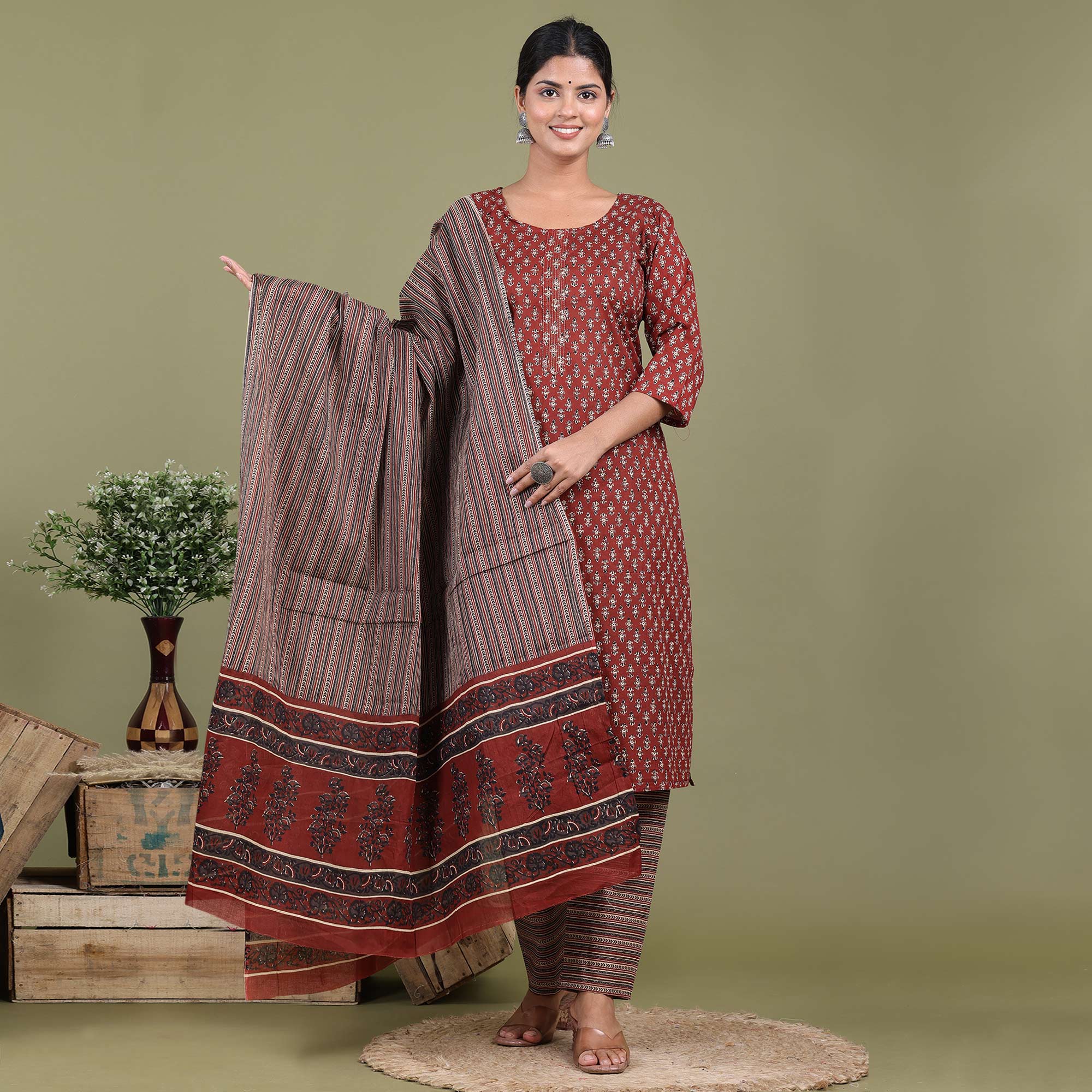 Maroon Floral Printed Pure Cotton Suit