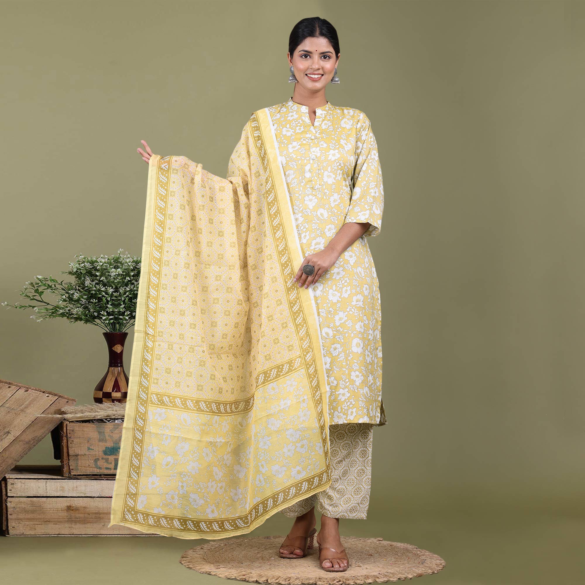 Yellow Floral Foil Printed Rayon Suit