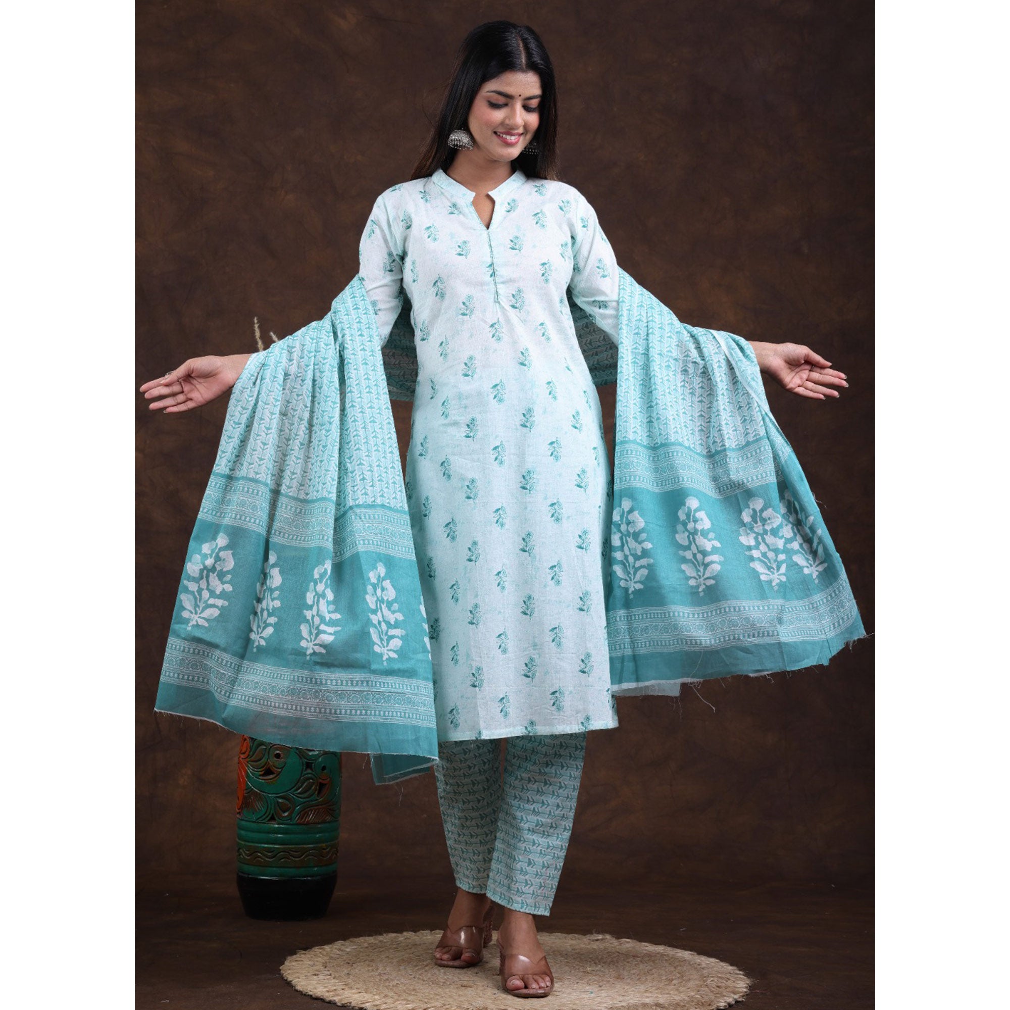 White-Rama Blue Jaipuri Printed Pure Cotton Suit