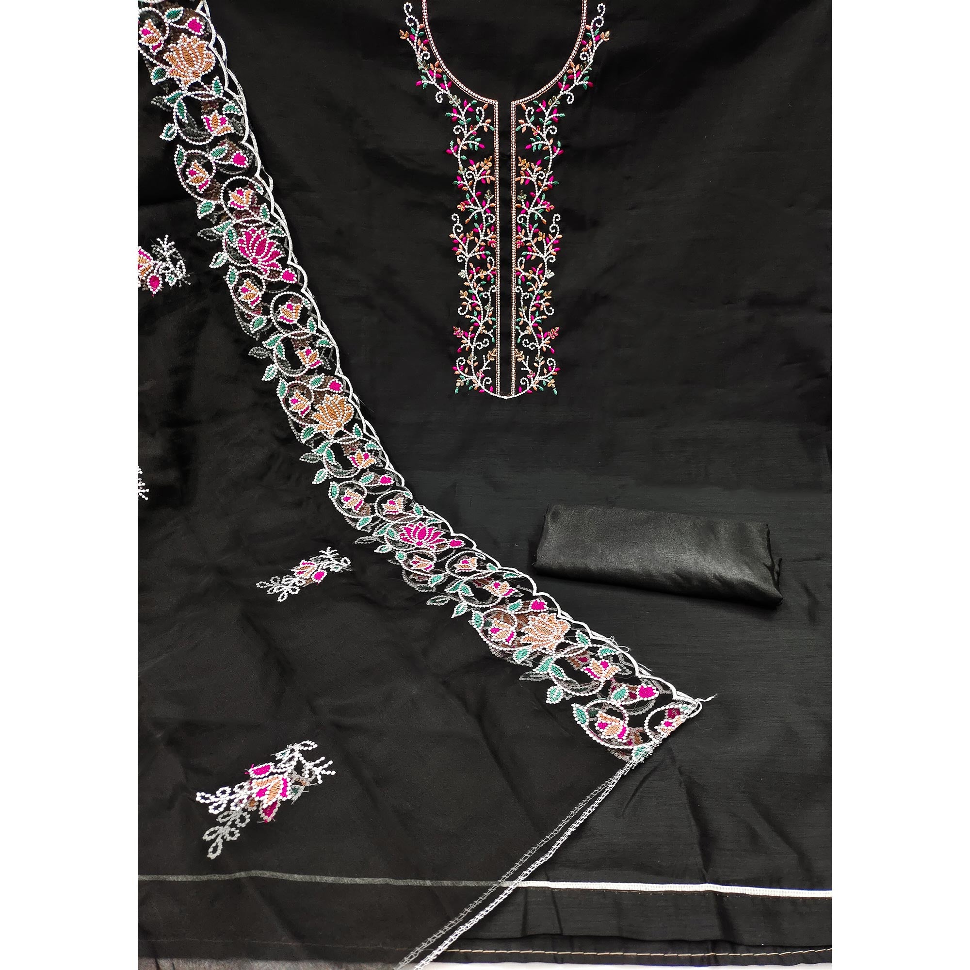 Black Floral Embroidered Chanderi Dress Material