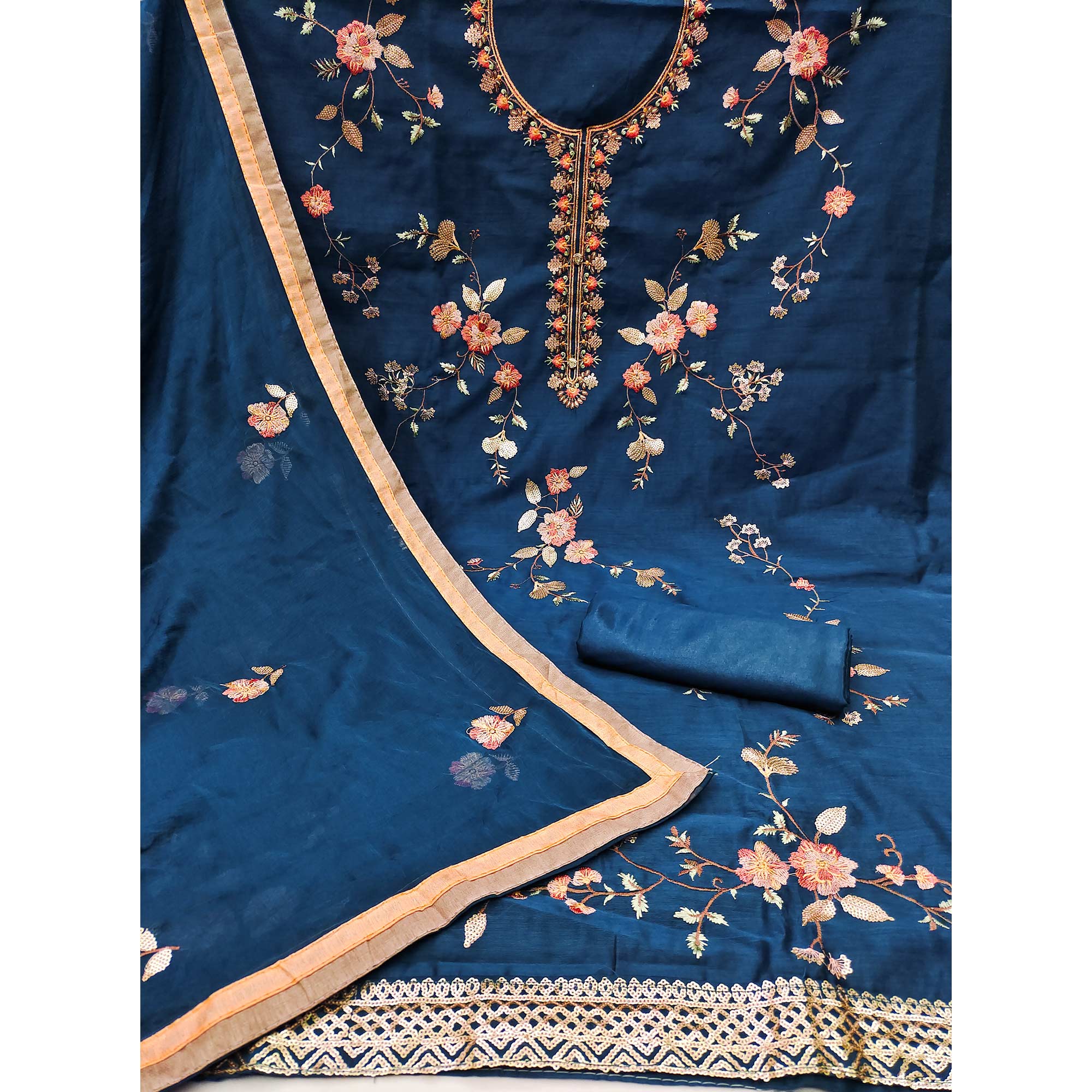 Morpich Blue Floral Embroidered Chanderi Dress Material