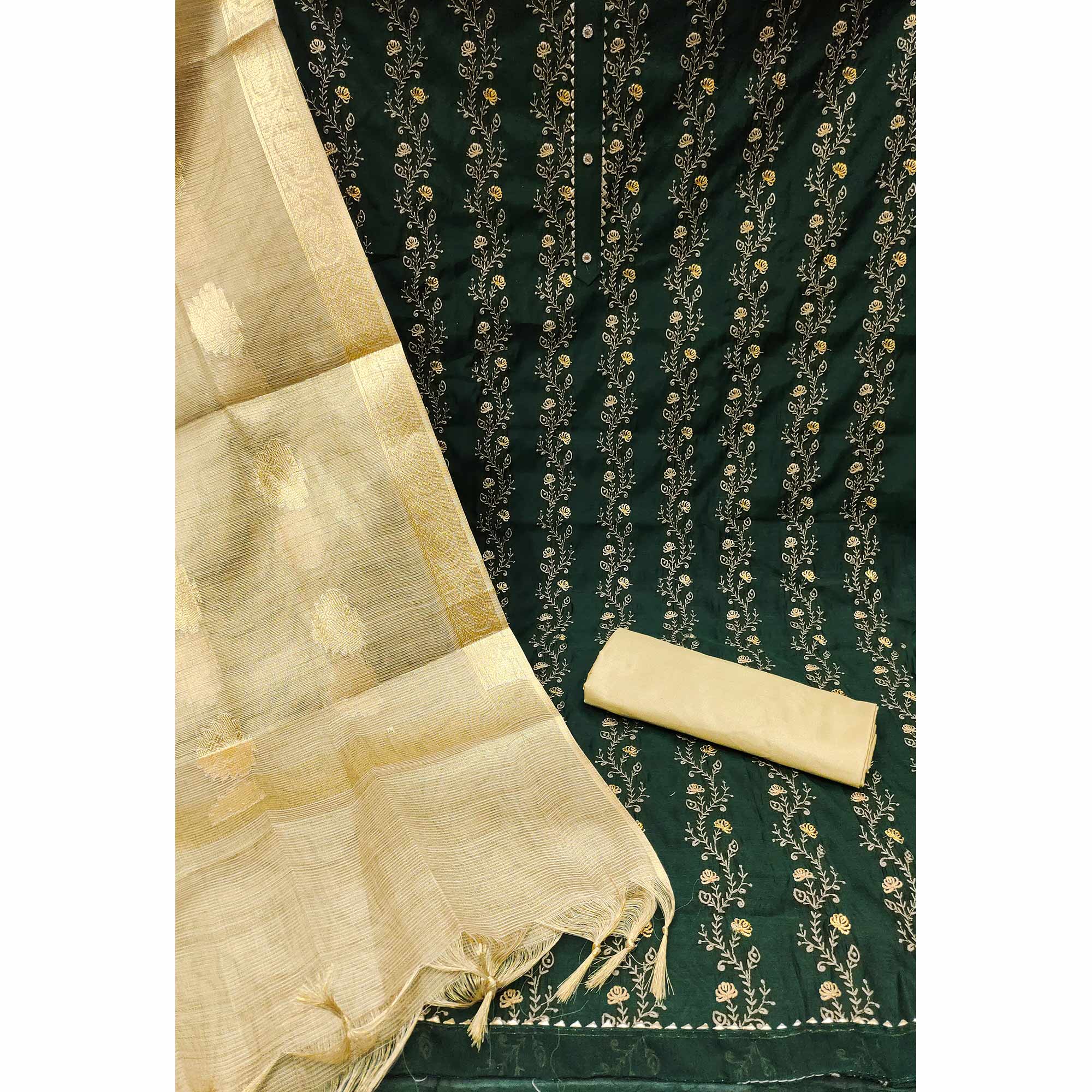 Green Floral Embroidered Chanderi Dress Material