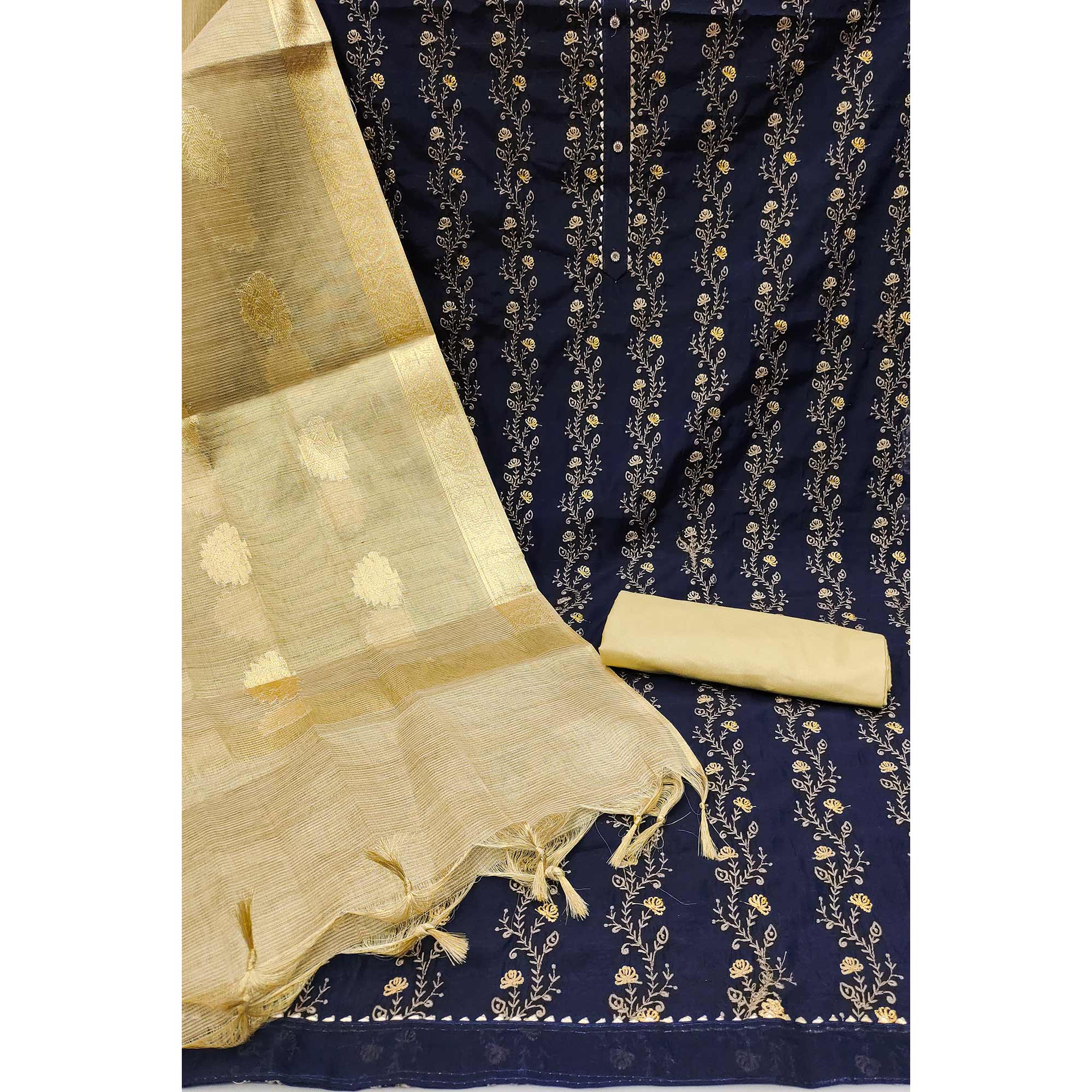 Navy Blue Floral Embroidered Chanderi Dress Material