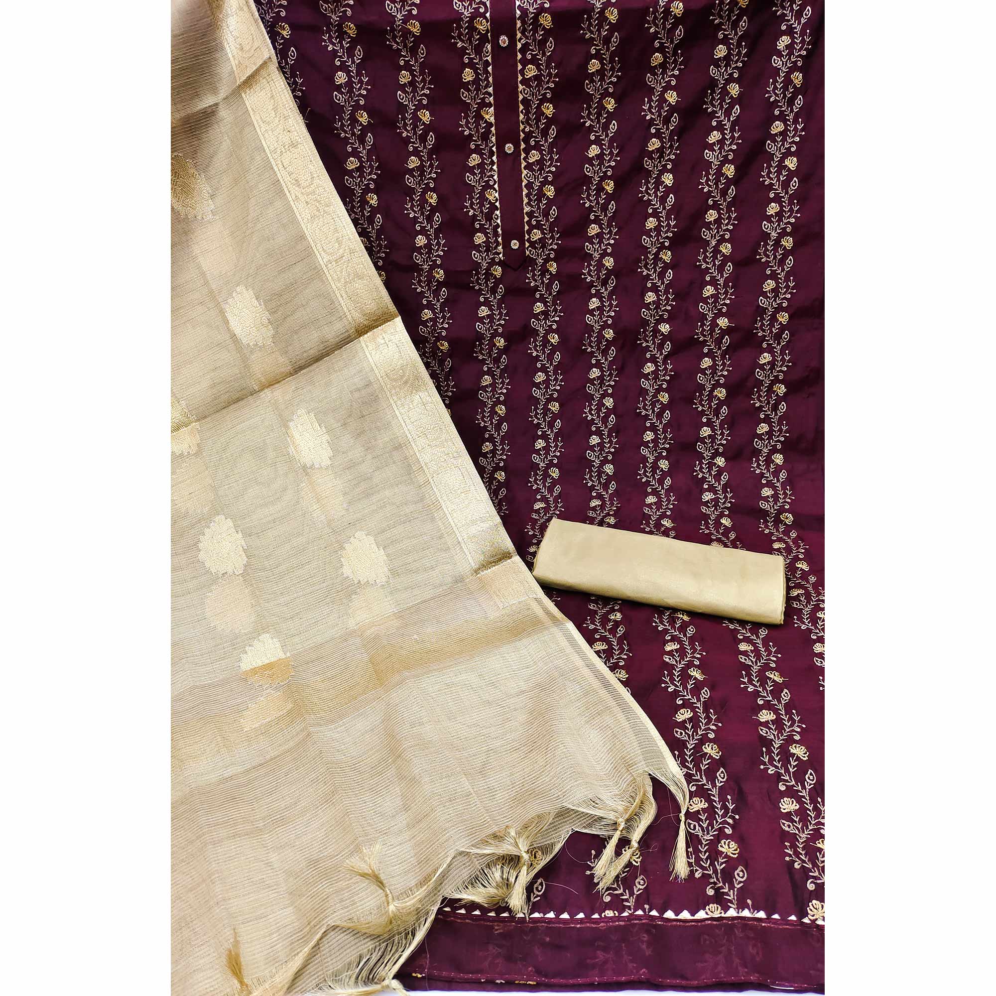 Wine Floral Embroidered Chanderi Dress Material