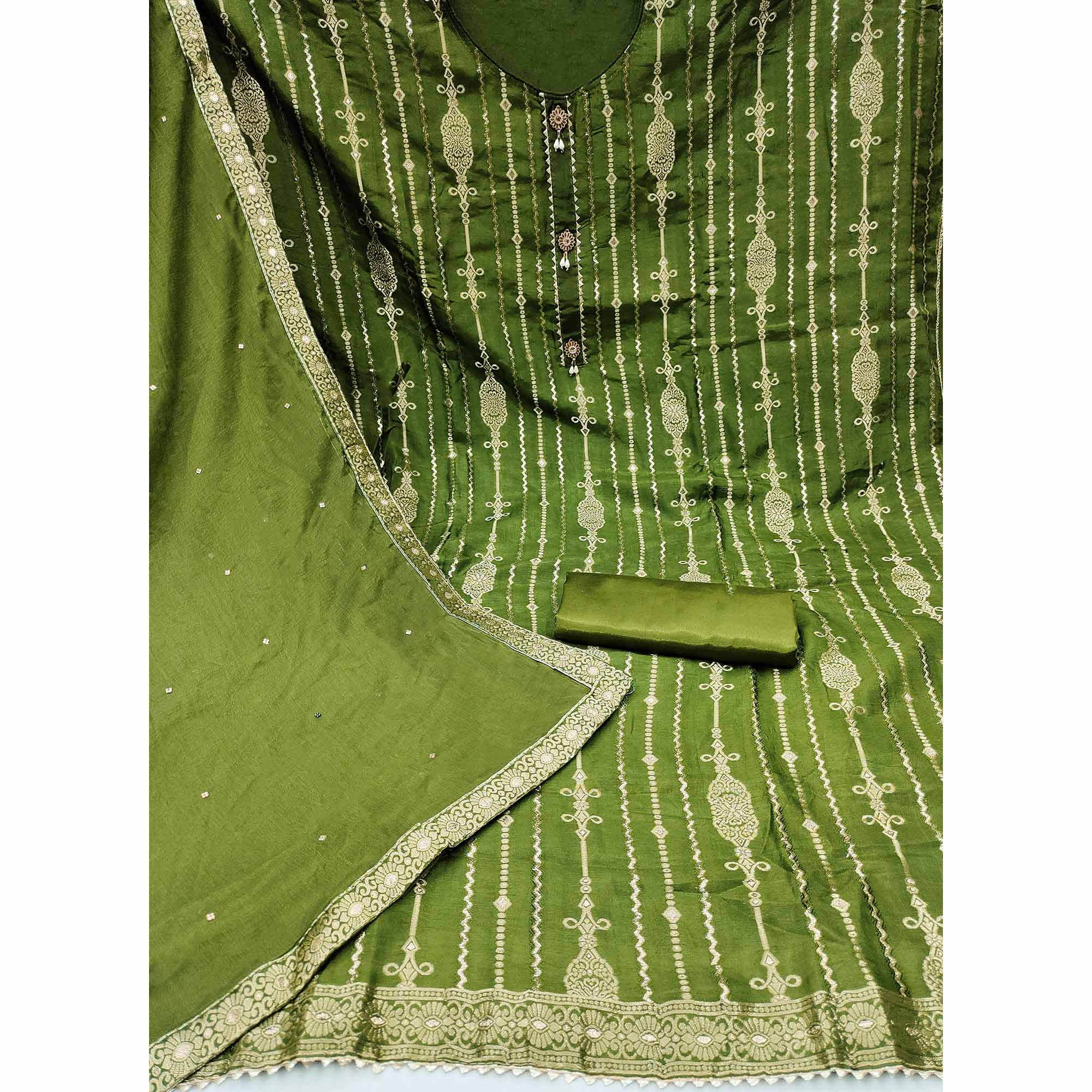 Green Woven Jacquard Dress Material