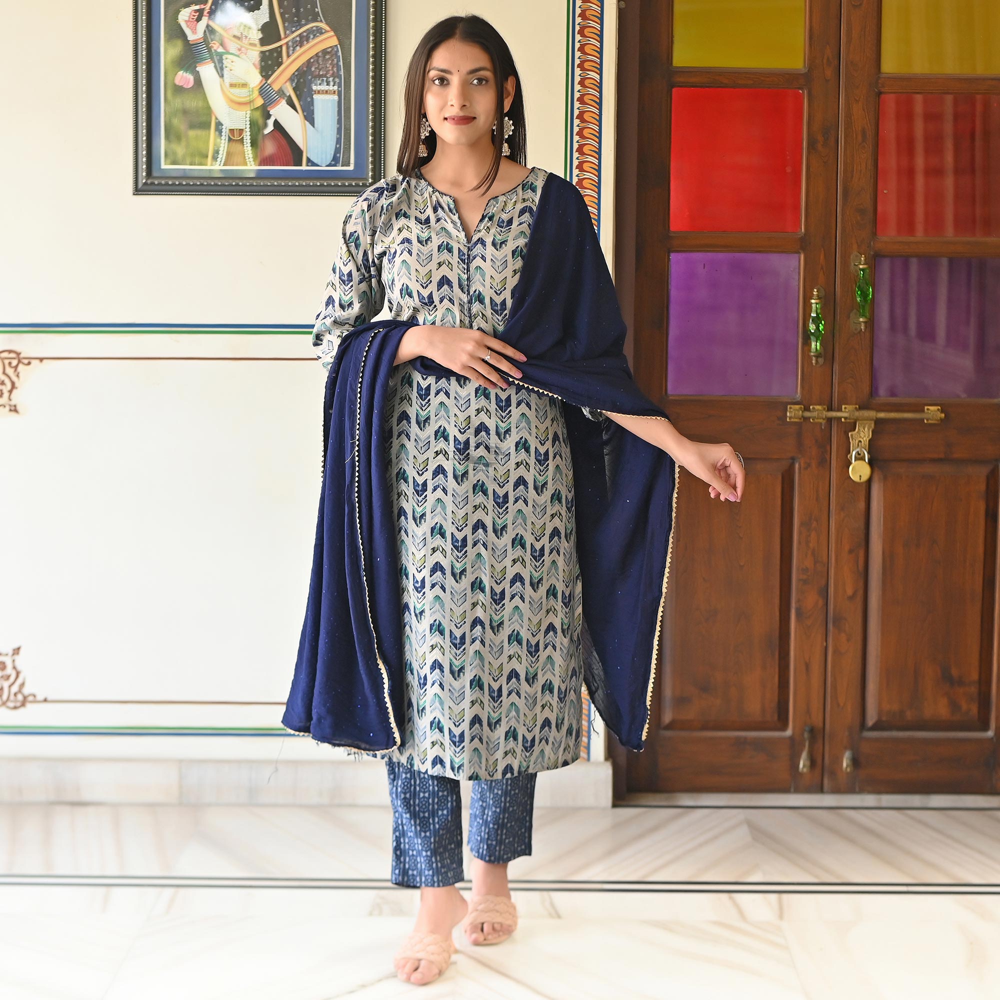 Blue Printed Chanderi Salwar Suit
