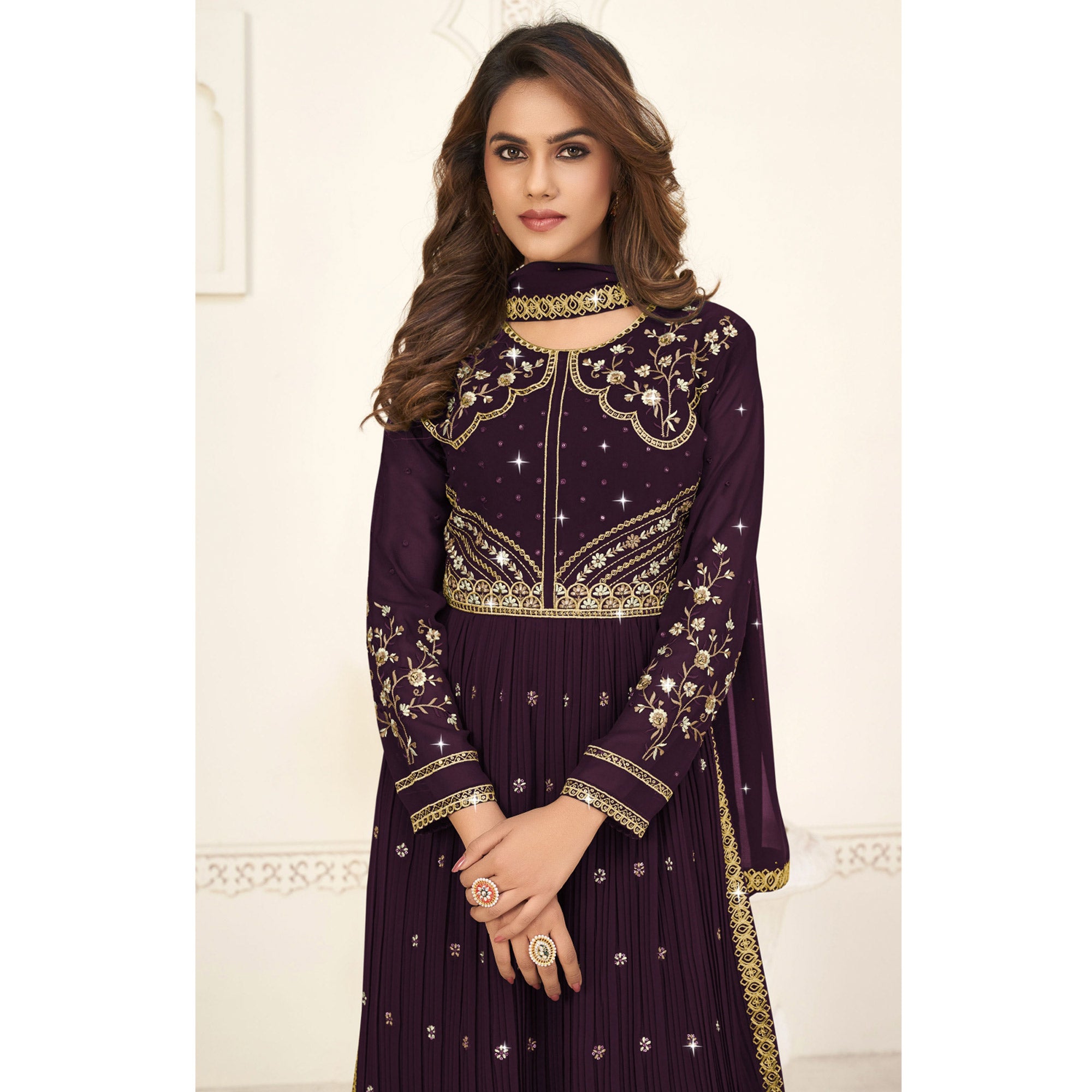 Purple Embroidered Georgette Naira Cut Suit