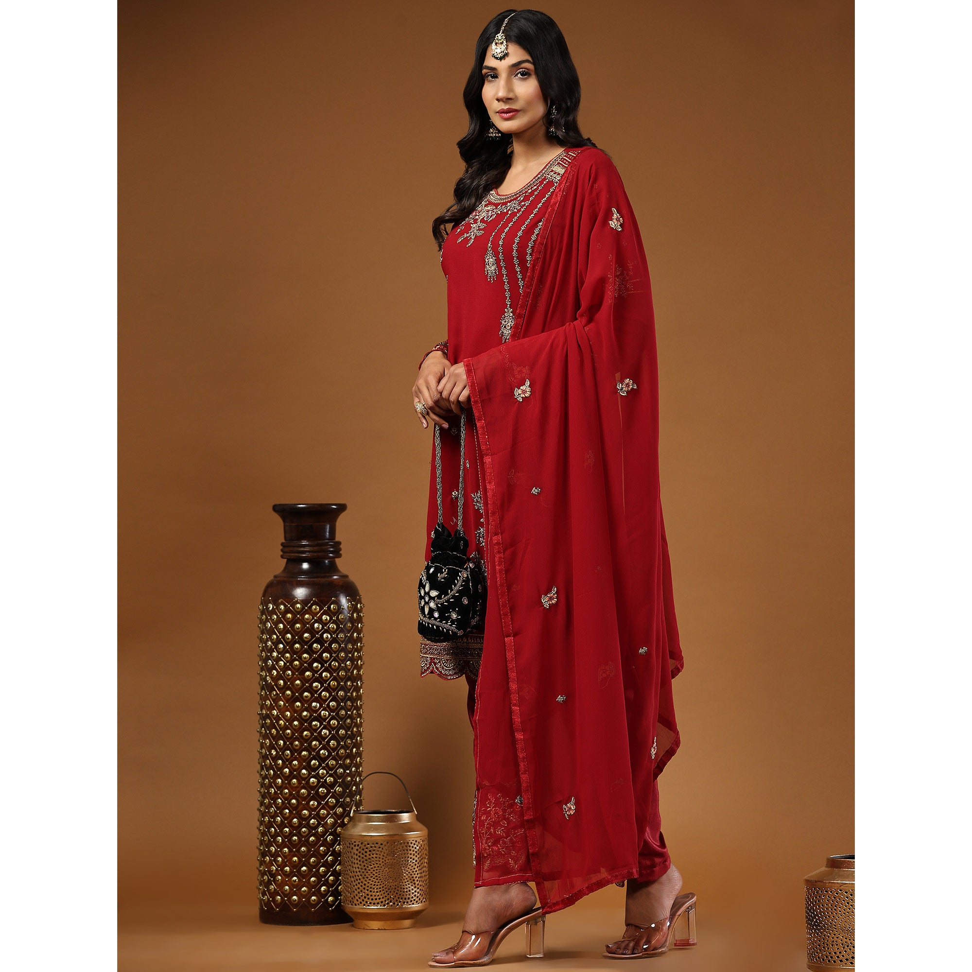 Maroon Embroidered Gerorgette Straight Partywear Suit