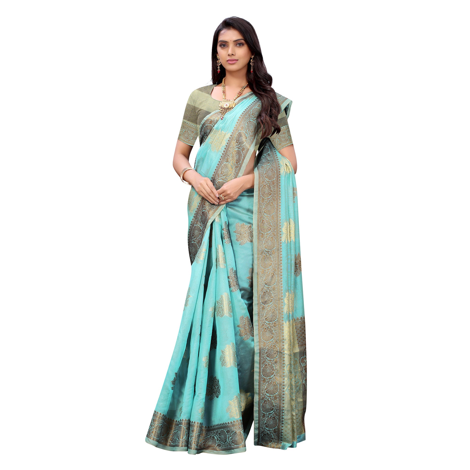 Firozi Festive Wear Floral Woven Silk Saree