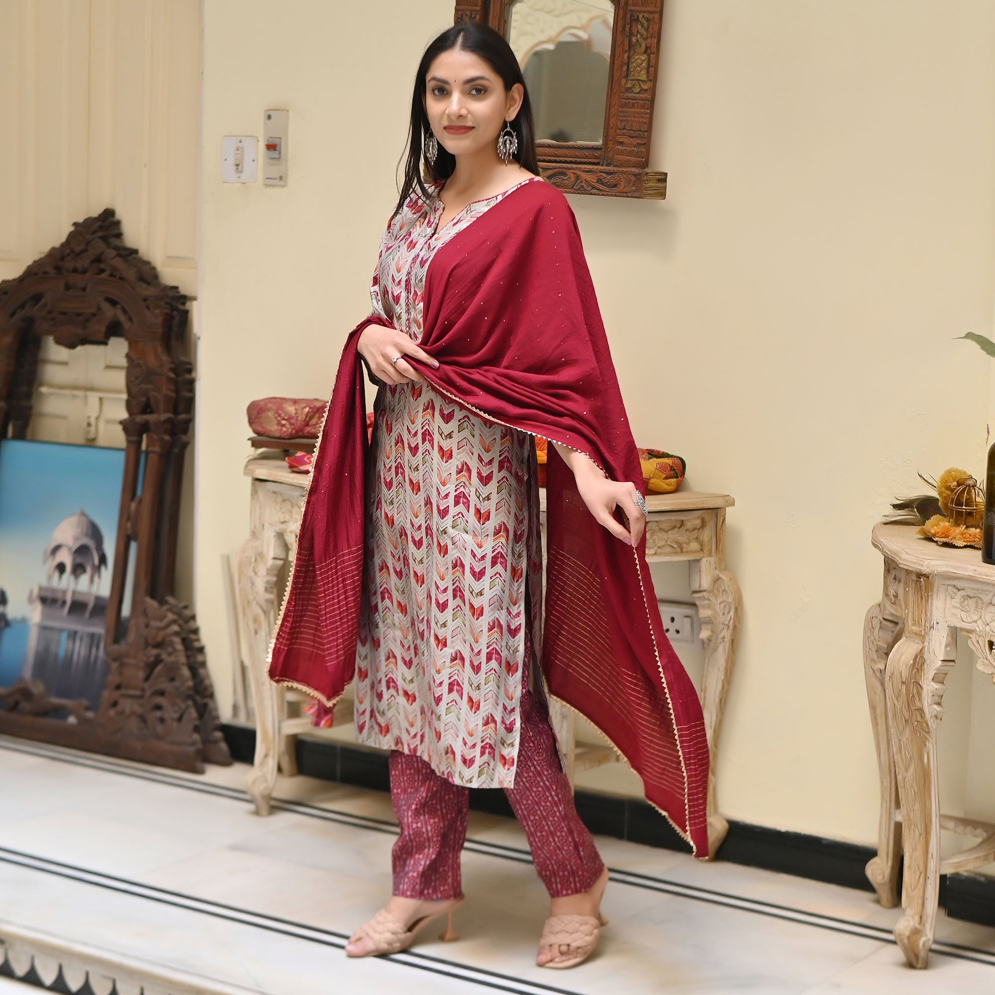 Off White & Maroon Printed Chanderi Salwar Suit