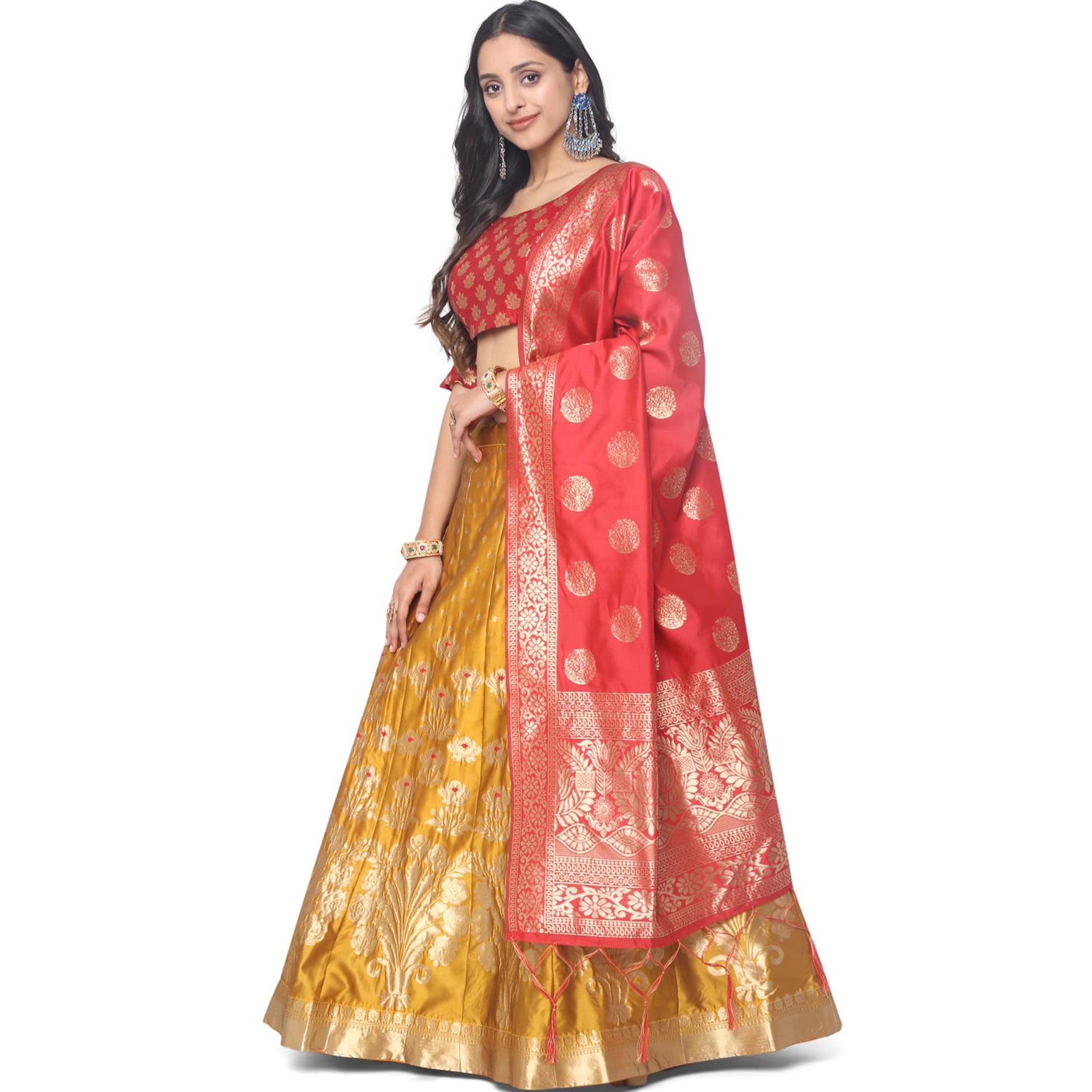 Mustard Woven Jacquard Lehenga Choli